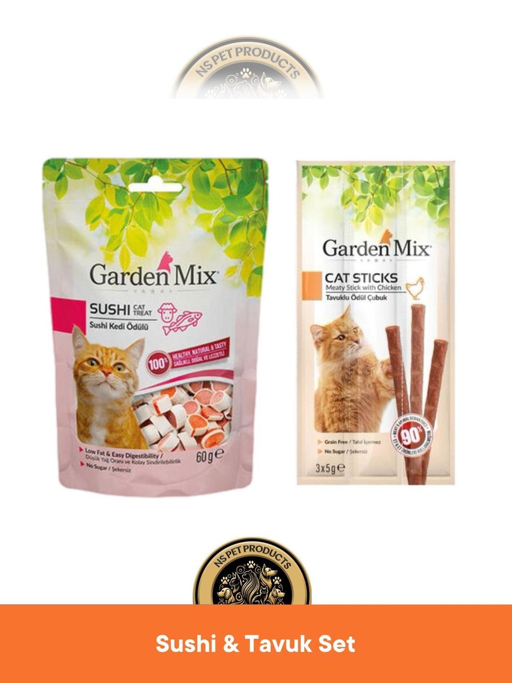Garden Mix Kuzu Etli Sushi 60 gram & Garden Mix Tavuklu Ödül Çubuk Kedi Stick Ödül Maması 3x5 gram - Kedi Ödül Maması Seti