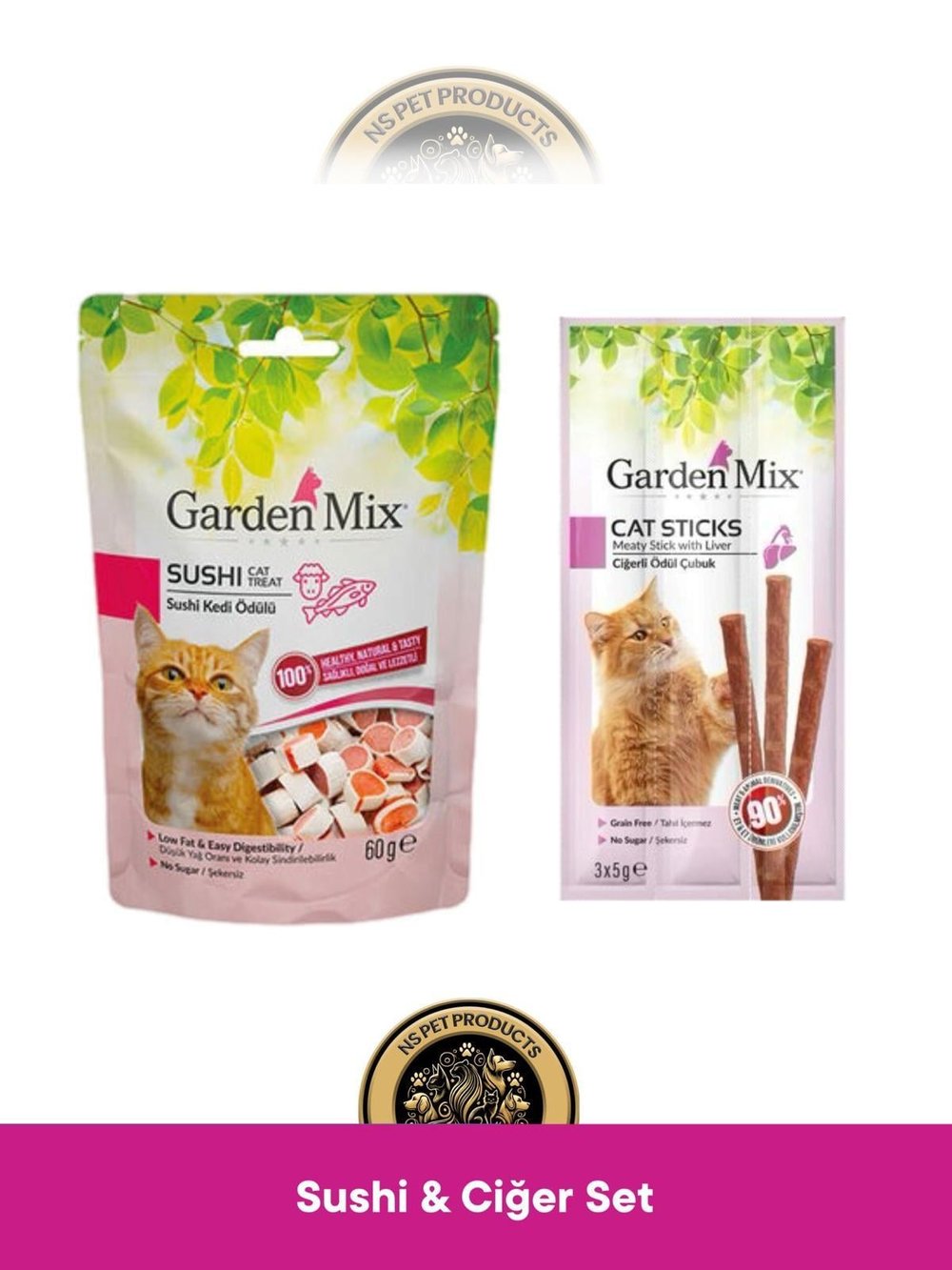Garden Mix Kuzu Etli Sushi 60 gram & Garden Mix Ciğerli Ödül Çubuk Kedi Stick Ödül Maması 3x5 gram - Kedi Ödül Maması Seti