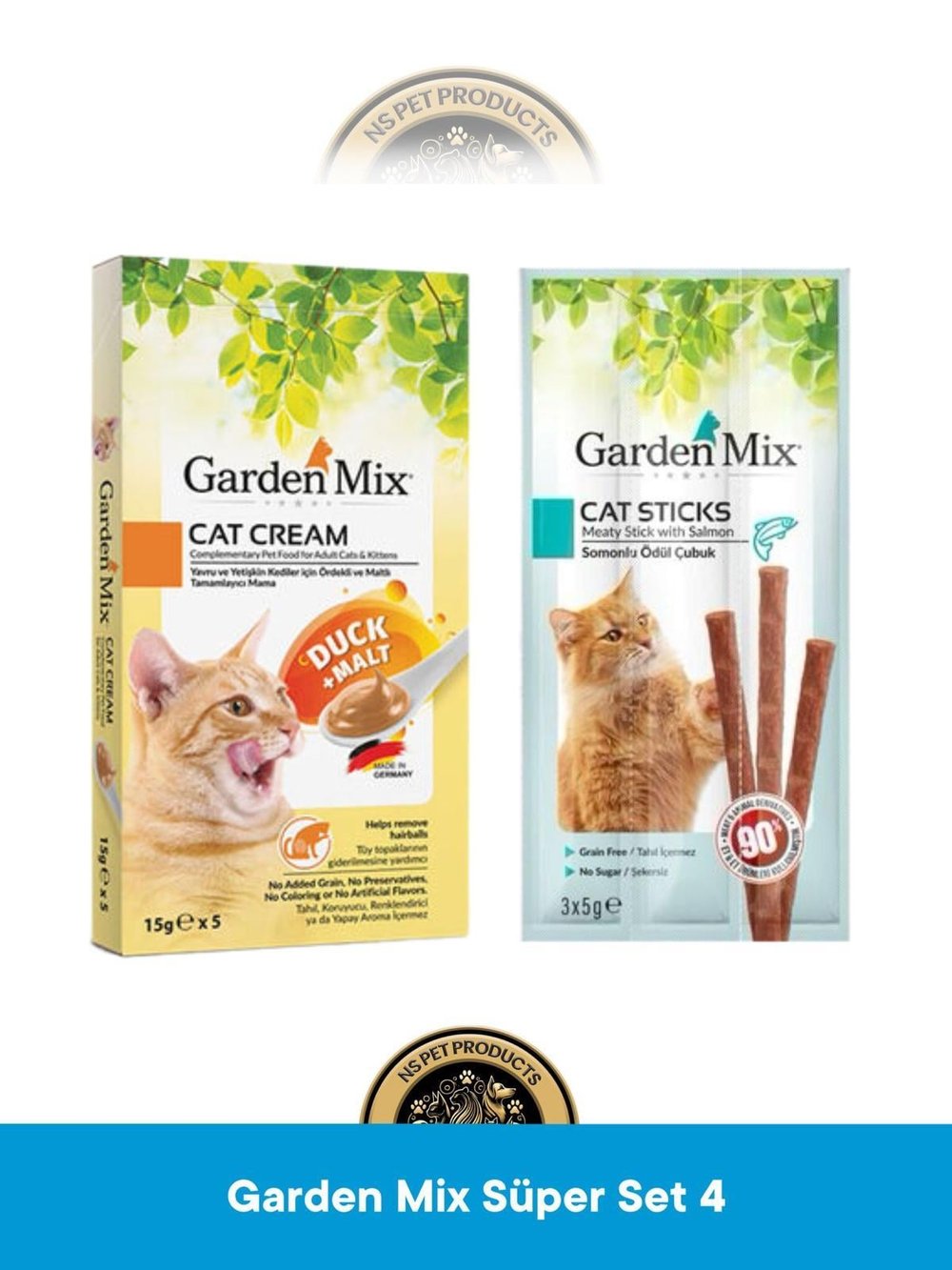 Garden Mix Ördek + Malt Kedi Krema Ödül Maması 5x15 gram & Garden Mix Somonlu Ödül Çubuk Kedi Stick Ödül Maması 3x5 gram - Kedi Ödül Maması Seti