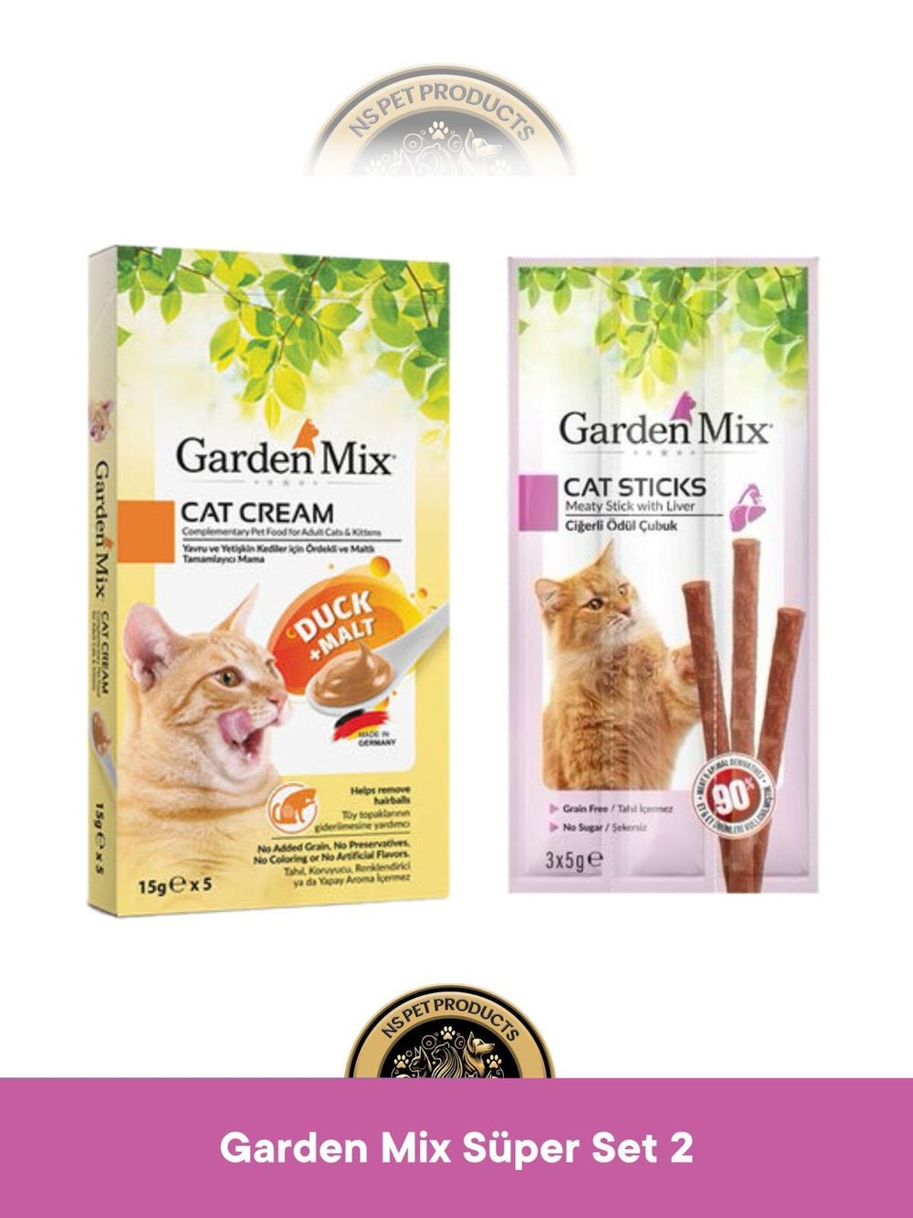 Garden Mix Ördek + Malt Kedi Krema Ödül Maması 5x15 gram & Garden Mix Ciğerli Ödül Çubuk Kedi Stick Ödül Maması 3x5 gram - Kedi Ödül Maması Seti