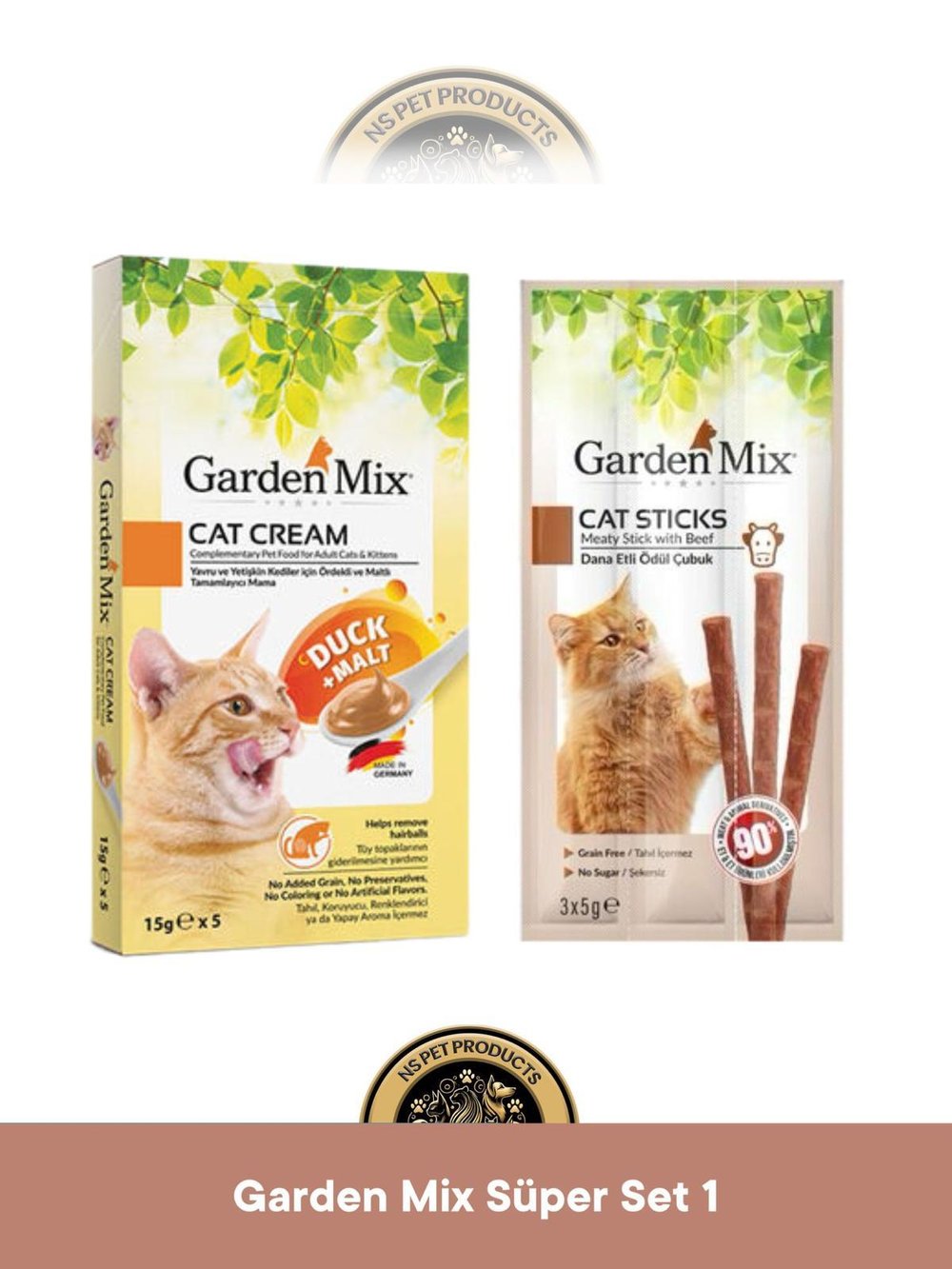 Garden Mix Ördek + Malt Kedi Krema Ödül Maması 5x15 gram & Garden Mix Dana Etli Ödül Çubuk Kedi Stick Ödül Maması 3x5 gram - Kedi Ödül Maması Seti