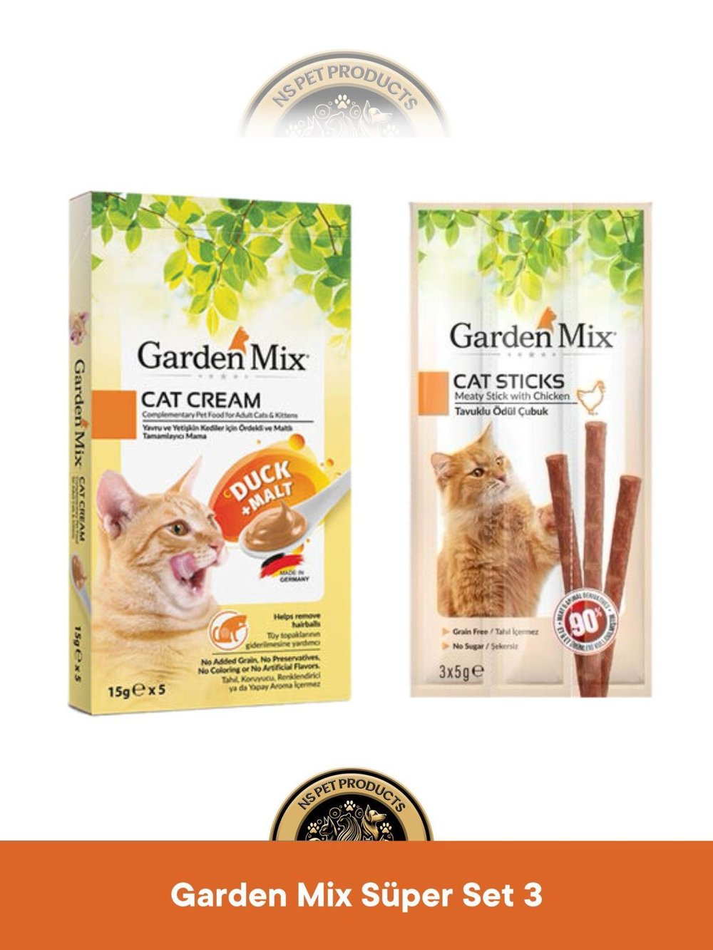 Garden Mix Ördek + Malt Kedi Krema Ödül Maması 5x15 gram & Garden Mix Tavuklu Ödül Çubuk Kedi Stick Ödül Maması 3x5 gram - Kedi Ödül Maması Seti