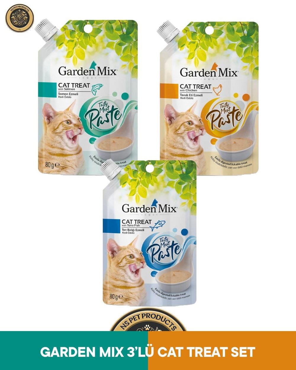 Garden Mix Üçlü Set Cat Treat Ton Balığı / Tavuk Eti / Somon Ezmesi Kedi Ödülü 3x80 gr