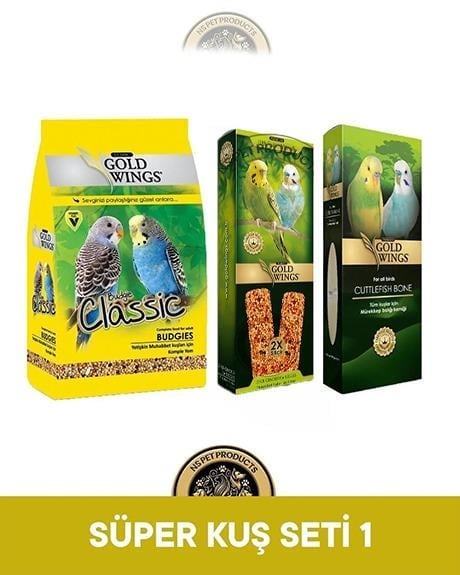 Gold Wings Classic Muhabbet Kuşu Yemi 400 gr & Gold Wings Meyveli Muhabbet Kuşu Krakeri 2'li x 2 & Gold Wings Premium Mürekkep Balığı Kalamar Kemiği – Kuşlar İçin Vitamin ve Mineral Desteği – Muhabbet Kuşu Beslenme Seti (Yem + Kraker + Gagalık)