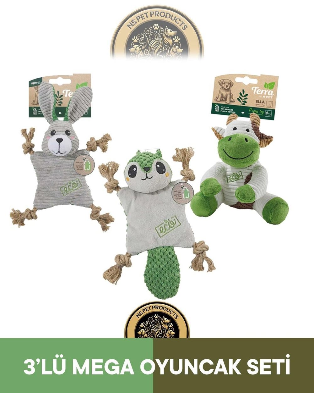 M-Pets Terra Eco Ella Puppy (İnek)-Pip Puppy (Sincap)-Lulu Puppy (Tavşan) Köpek Oyuncağı 3'lü Set