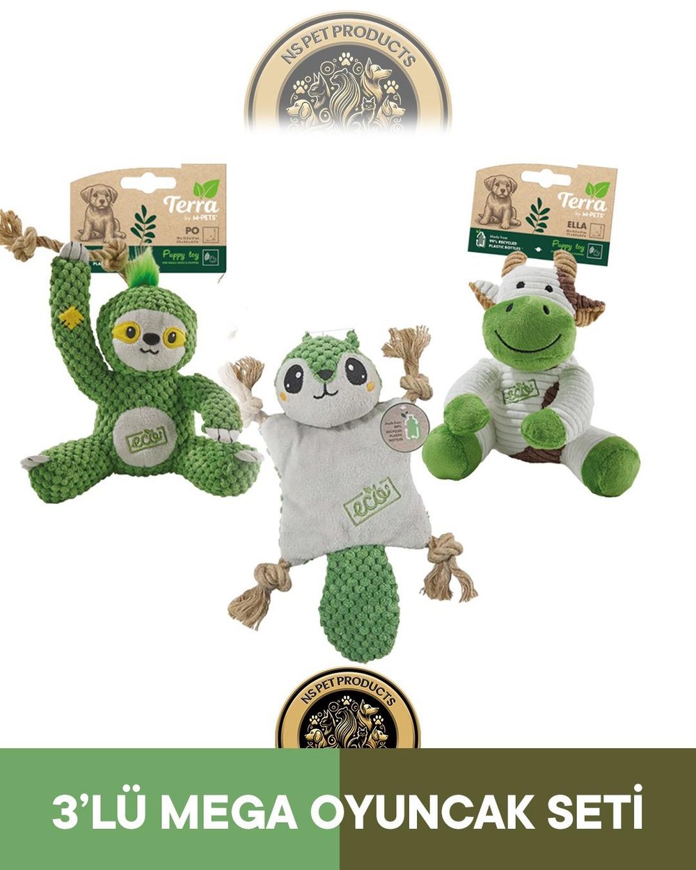 M-Pets Terra Eco Ella Puppy (İnek)-Pip Puppy (Sincap)-Po Puppy (Tembel Hayvan) Köpek Oyuncağı 3'lü Set