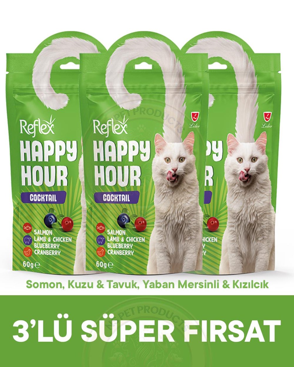Reflex Happy Hour Cocktail Somon, Kuzu & Tavuk, Yaban Mersinli & Kızılcık 3lü Fırsat 3x60gr
