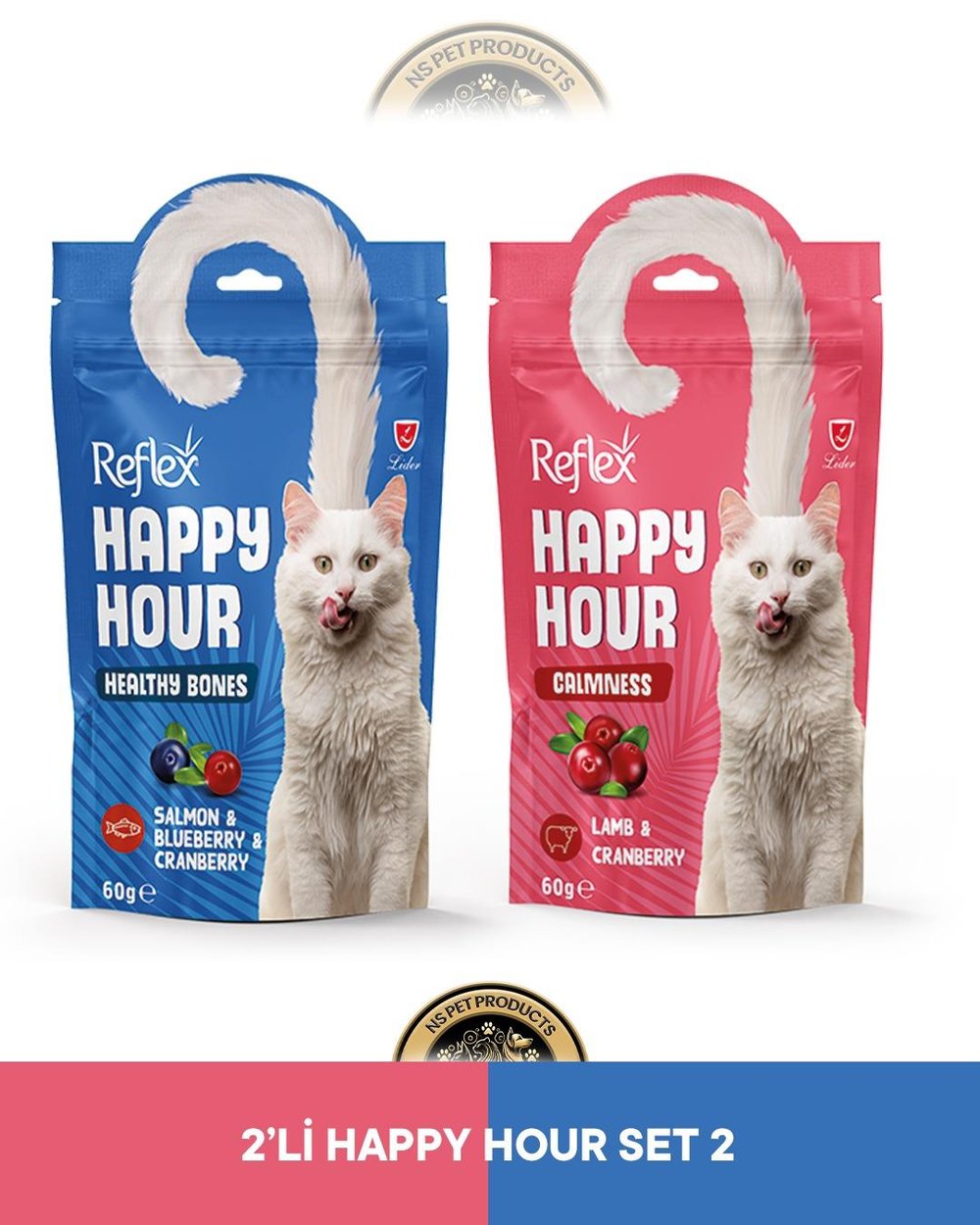 Reflex Happy Hour Healty Bones Sağlıklı Kemikler & Calmness Sakinleşmeyi Destekleyici Kedi Ödül Maması Seti 2x60 gram