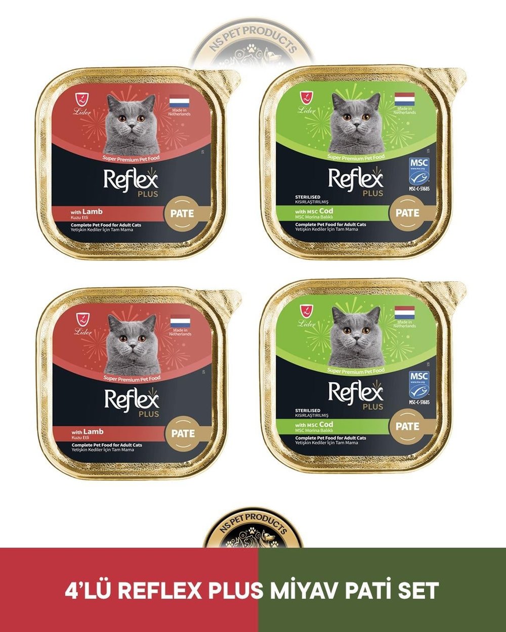 Reflex Plus Alutray Pate Kuzu Etli Yetişkin & Alutray Pate Msc Morina Balıklı Kısırlaştırılmış Yetişkin Kedi Maması Seti 4x85 gram