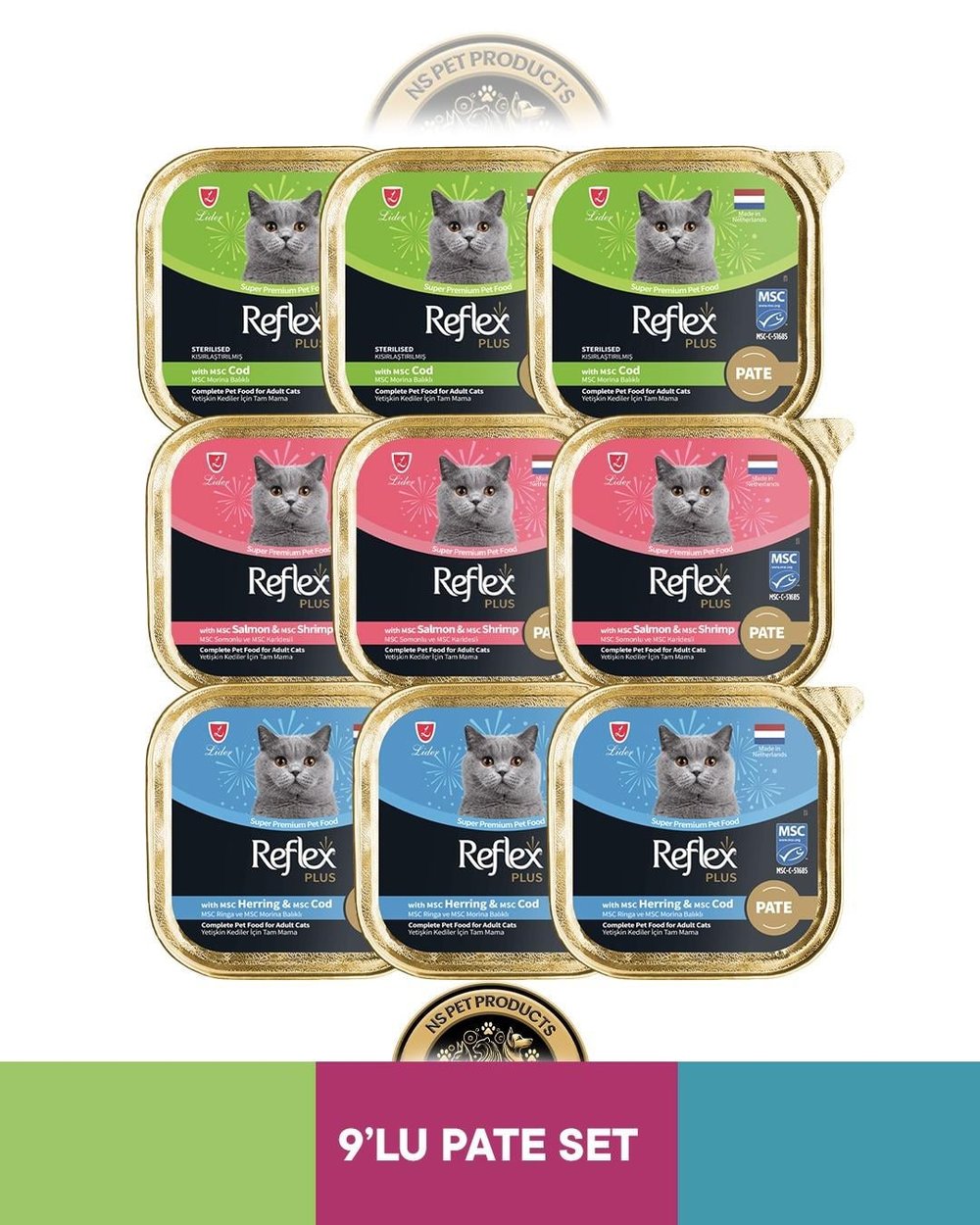 Reflex Plus Alutray Pate Msc Morina Balıklı Kısırlaştırılmış Yetişkin & Alutray Pate Msc Somon ve Msc Karides Yetişkin & Alutray Pate Msc Ringa ve Msc Morina Balıklı Yetişkin Kedi Maması Seti 9x85 gram