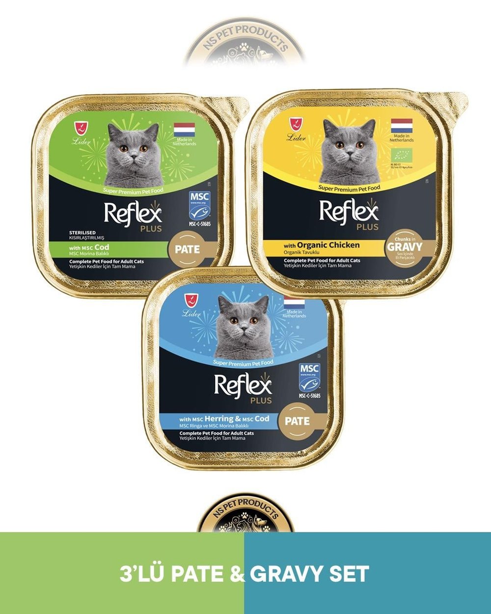 Reflex Plus Alutray Pate Msc Morina Balıklı Kısırlaştırılmış Yetişkin & Alutray Sos İçinde Organik Tavuklu Yetişkin & Alutray Pate Msc Ringa ve Msc Morina Balıklı Yetişkin Kedi Maması Seti 3x85 gram