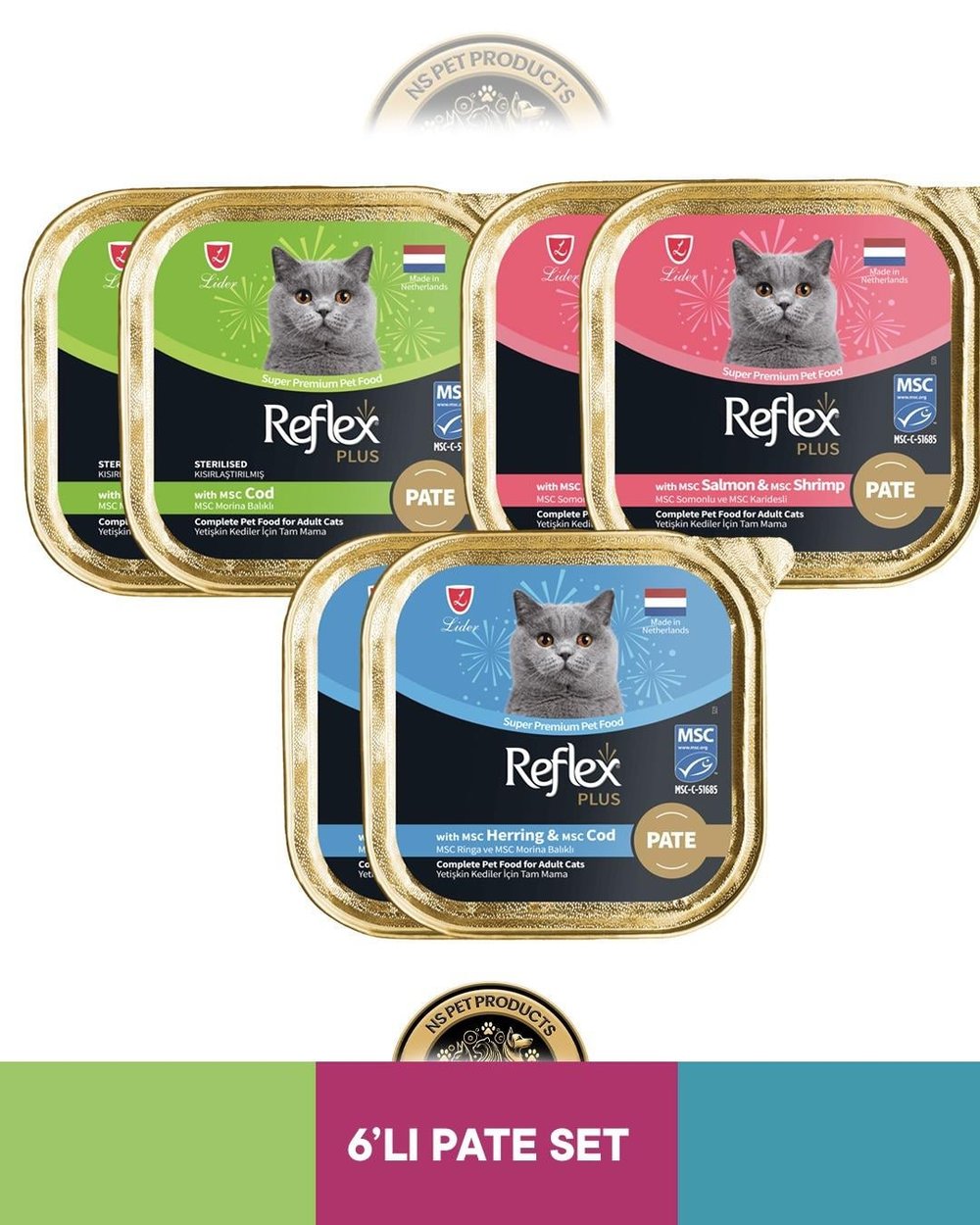 Reflex Plus Alutray Pate Msc Morina Balıklı Kısırlaştırılmış Yetişkin & Alutray Pate Msc Somon ve Msc Karides Yetişkin & Alutray Pate Msc Ringa ve Msc Morina Balıklı Yetişkin Kedi Maması Seti 6x85 gram