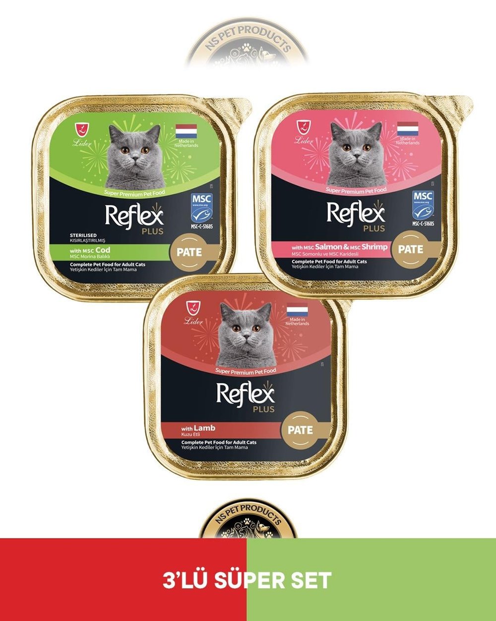 Reflex Plus Alutray Pate Msc Morina Balıklı Kısırlaştırılmış Yetişkin & Alutray Pate Msc Somon ve Msc Karides Yetişkin & Alutray Pate Kuzu Etli Kedi Maması Seti 3x85 gram