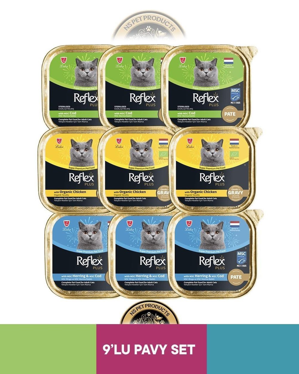 Reflex Plus Alutray Pate Msc Morina Balıklı Kısırlaştırılmış Yetişkin & Alutray Gravy Sos İçinde Organik Tavuklu Yetişkin & Alutray Pate Msc Ringa ve Msc Morina Balıklı Yetişkin Kedi Maması Seti 9x85 gr