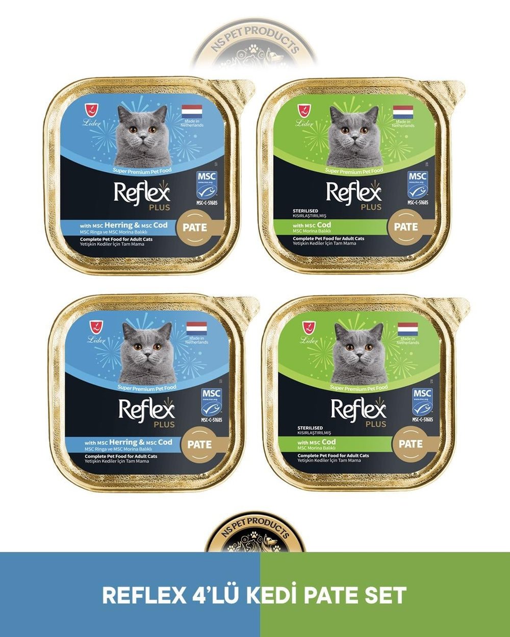 Reflex Plus Alutray Pate Msc Ringa ve Msc Morina Balıklı Yetişkin & Alutray Pate Msc Morina Balıklı Kısırlaştırılmış Yetişkin Kedi Maması Seti 4x85 gram