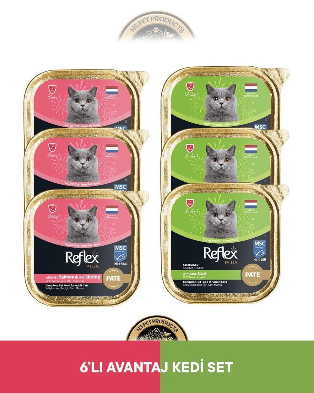 Reflex Plus Alutray Pate Msc Somon ve Msc Karides Yetişkin & Alutray Pate Msc Morina Balıklı Kısırlaştırılmış Yetişkin Kedi Maması Seti 6x85 gr