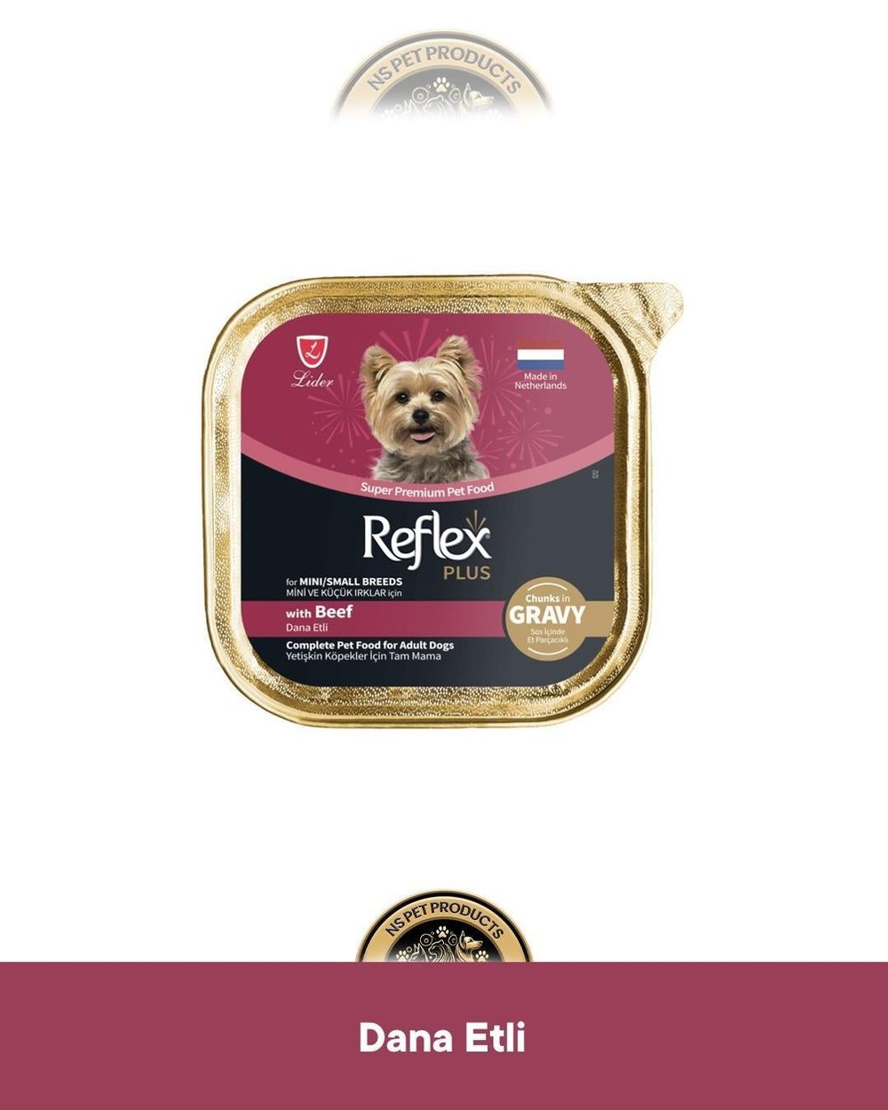 Reflex Plus Alutray Gravy Sos İçinde Et Parçacıklı Dana Etli Mini ve Küçük Irklar İçin Yetişkin Köpek Maması 85 gr