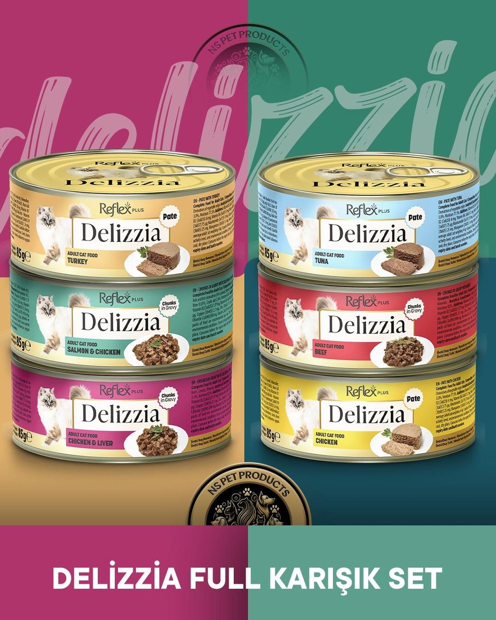 Reflex Plus Delizzia Hindi Etli Pate & Somonlu-Tavuklu Gravy & Tavuklu-Ciğerli Gravy & Ton Balıklı Pate & Dana Etli Gravy & Tavuklu Pate Yetişkin Kedi Maması Seti 6x85 gram