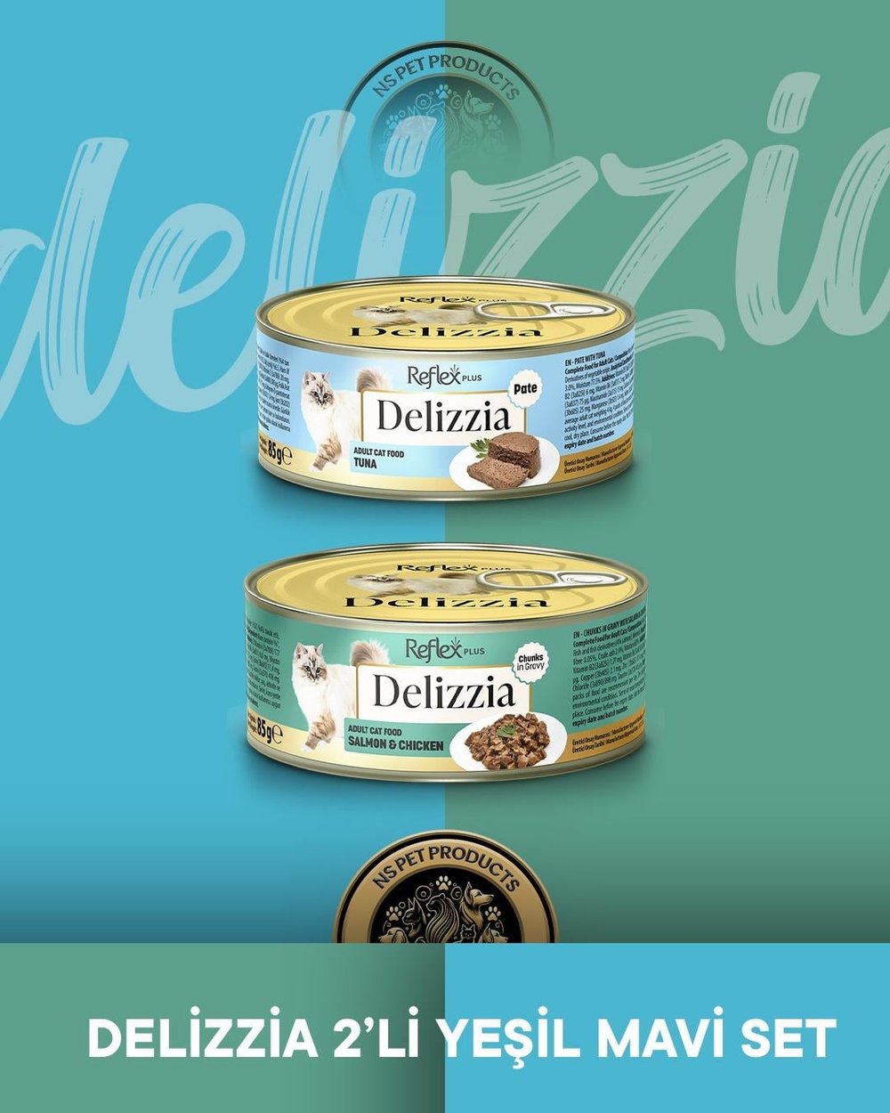 Reflex Plus Delizzia Ton Balıklı Pate & Somonlu-Tavuklu Gravy Yetişkin Kedi Maması Seti 2x85 gram