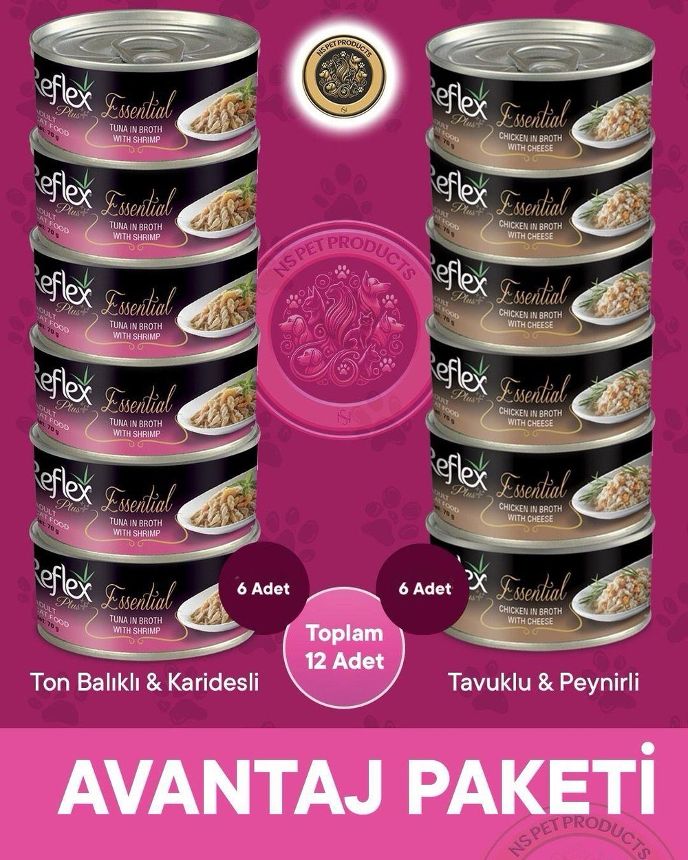 Reflex Plus Essential Avantaj Paketi Peynirli Tavuklu ve Ton Balıklı Karidesli Kedi Konservesi – 12x70gr