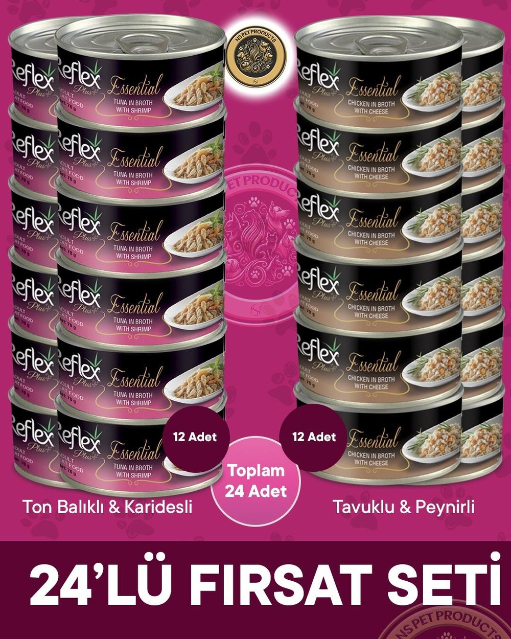 Reflex Plus Essential Fırsat Seti Peynirli Tavuklu ve Ton Balıklı Karidesli Kedi Konservesi – 24x70gr