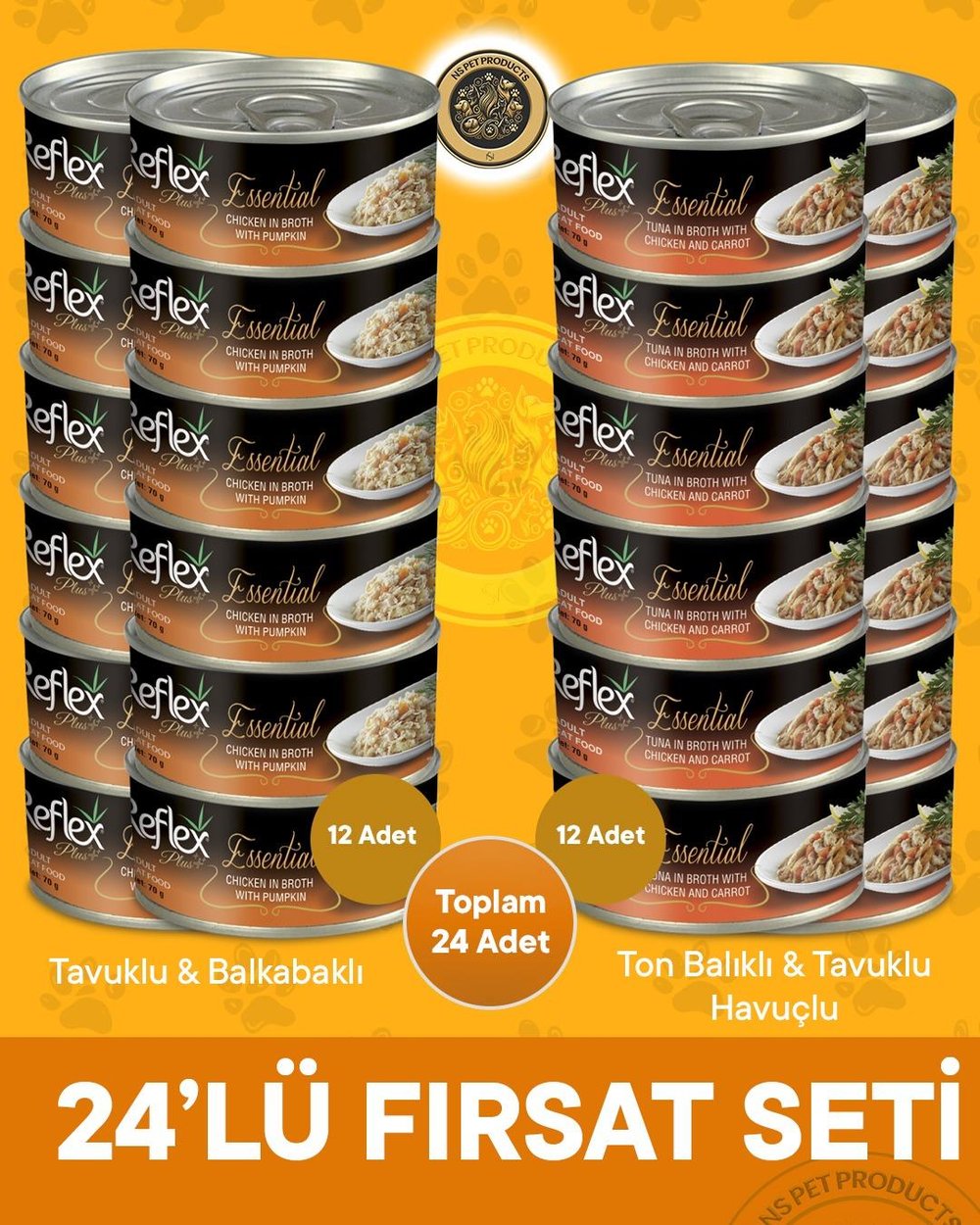 Reflex Plus Essential Fırsat Seti Tavuklu Balkabaklı ve Ton Balıklı Tavuklu Havuclu Kedi Konservesi – 24x70gr