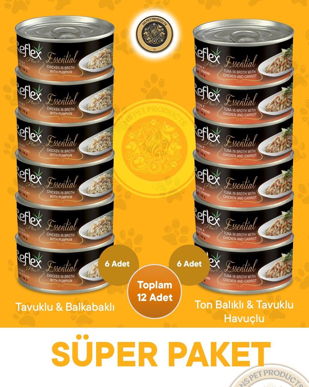Reflex Plus Essential Süper Paket Tavuklu Balkabaklı ve Ton Balıklı Tavuklu Havuclu Kedi Konservesi – 12x70gr
