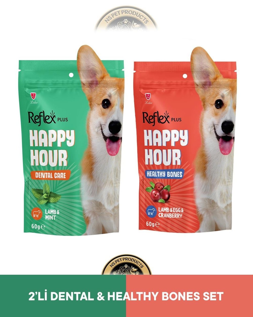 Reflex Plus Happy Hour Dental Care Ağız ve Diş Sağlığı & Healty Bones Sağlıklı Kemikler Köpek Ödül Maması Seti 2x60 gram