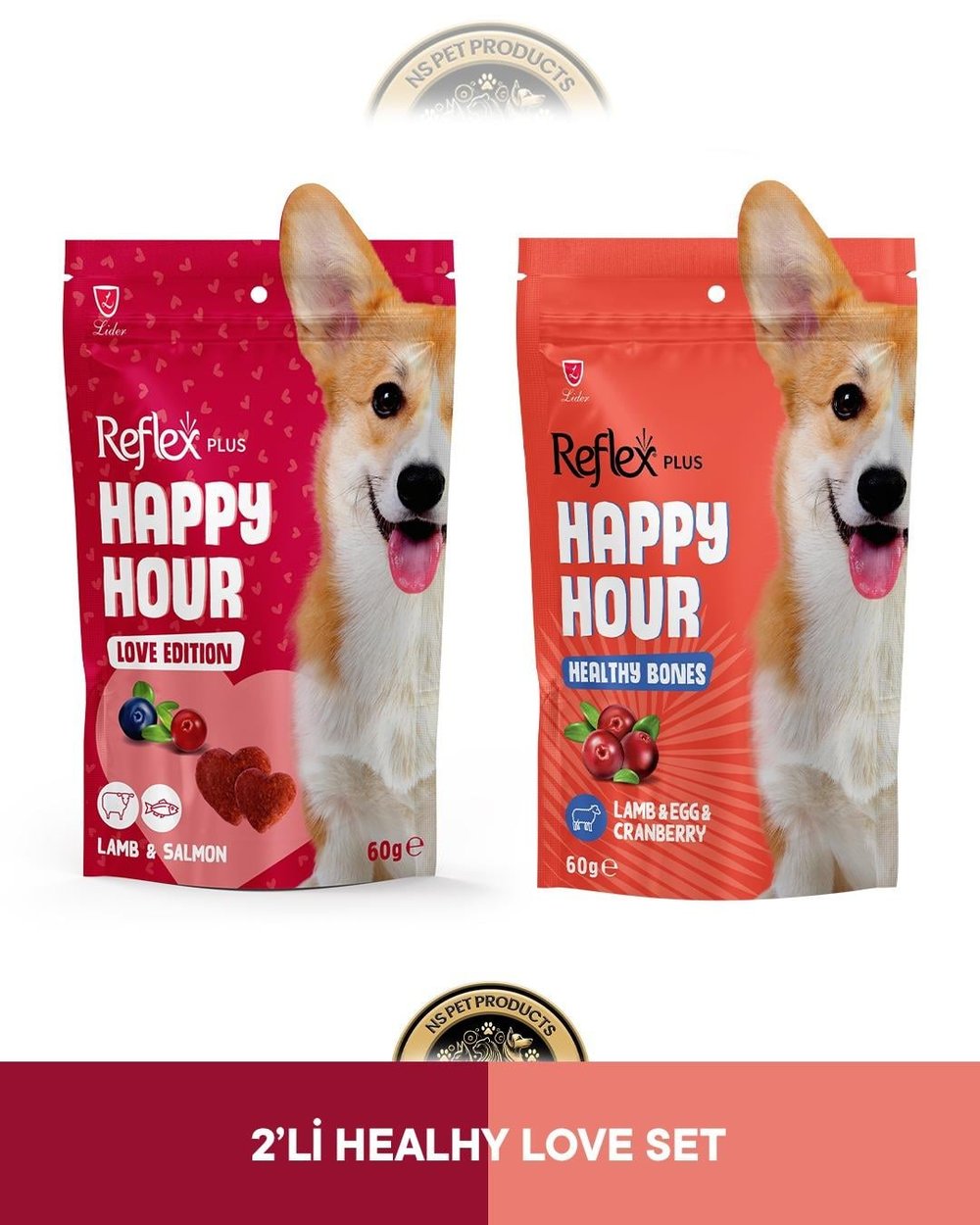 Reflex Plus Happy Hour Love Edition & Healty Bones Sağlıklı Kemikler Köpek Ödül Maması Seti 2x60 gram