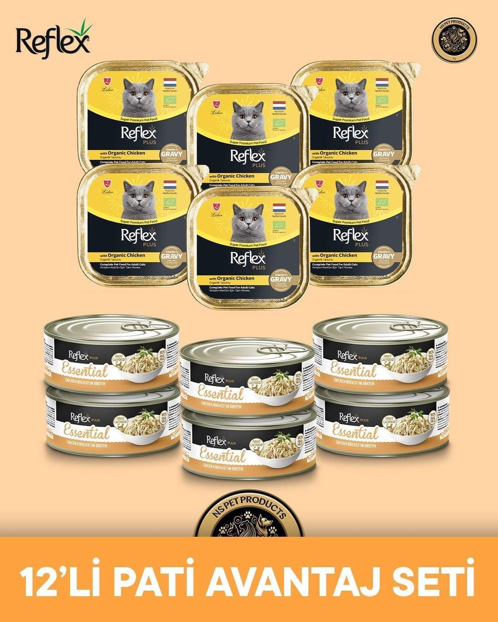 Reflex Plus Alutray Gravy Sos İçinde Organik Tavuklu Yetişkin Kedi Maması 85 gr & Essential Tavuk Göğüs Yetişkin Kedi Konserve Maması 70 gr - 12li Kedi Konserve Maması Seti