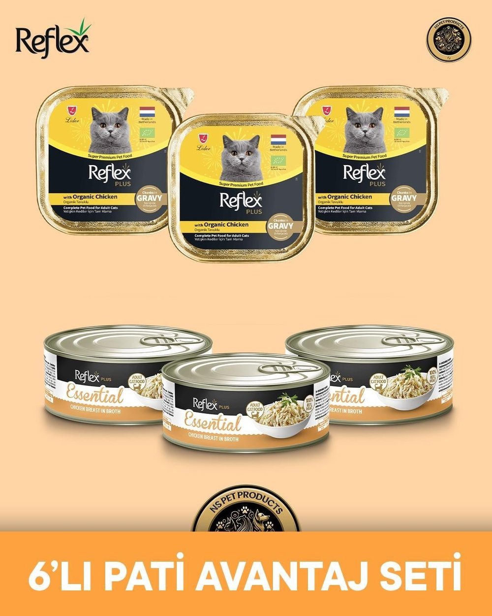 Reflex Plus Alutray Gravy Sos İçinde Organik Tavuklu Yetişkin Kedi Maması 85 gr & Essential Tavuk Göğüs Yetişkin Kedi Konserve Maması 70 gr - 6lı Kedi Konserve Maması Seti