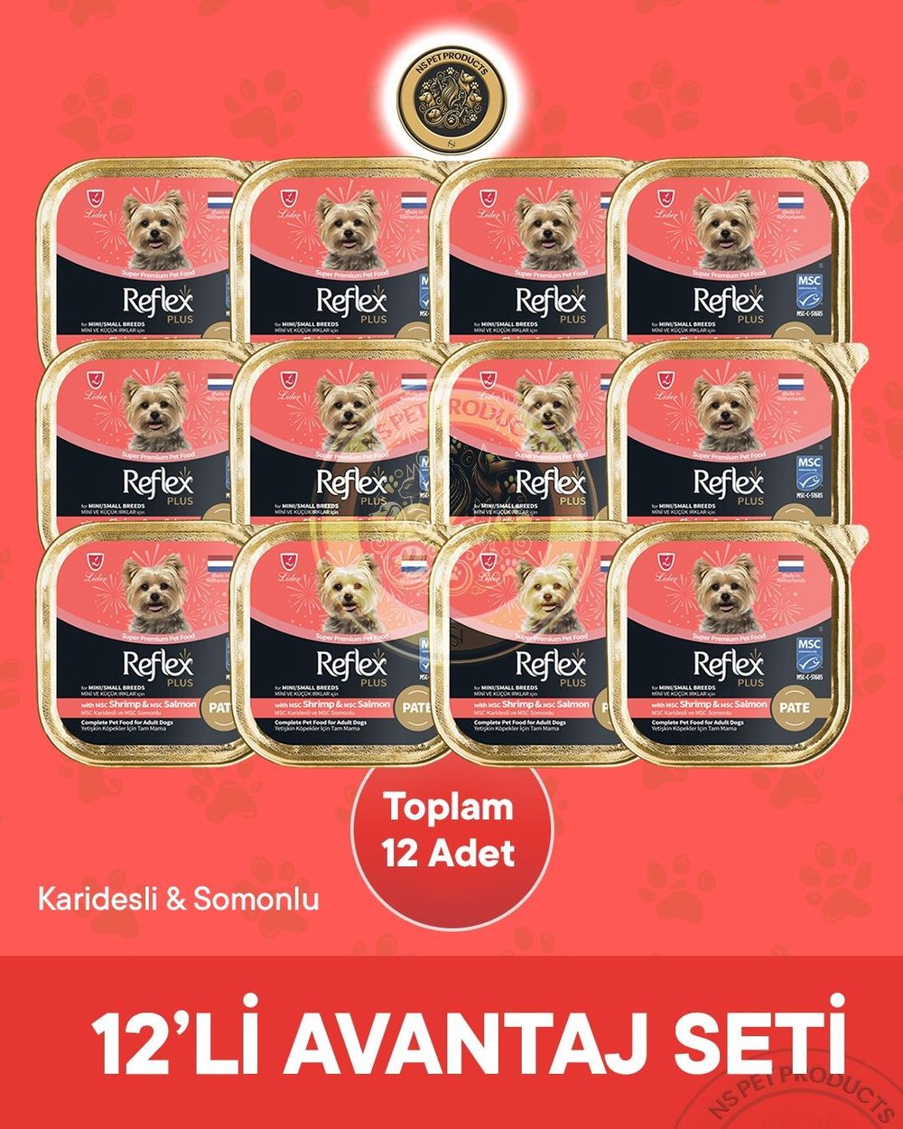 Reflex Plus Pate MSC Karidesli ve Somonlu Mini ve Küçük Irklar için Yetişkin Köpek Maması 12X85 g
