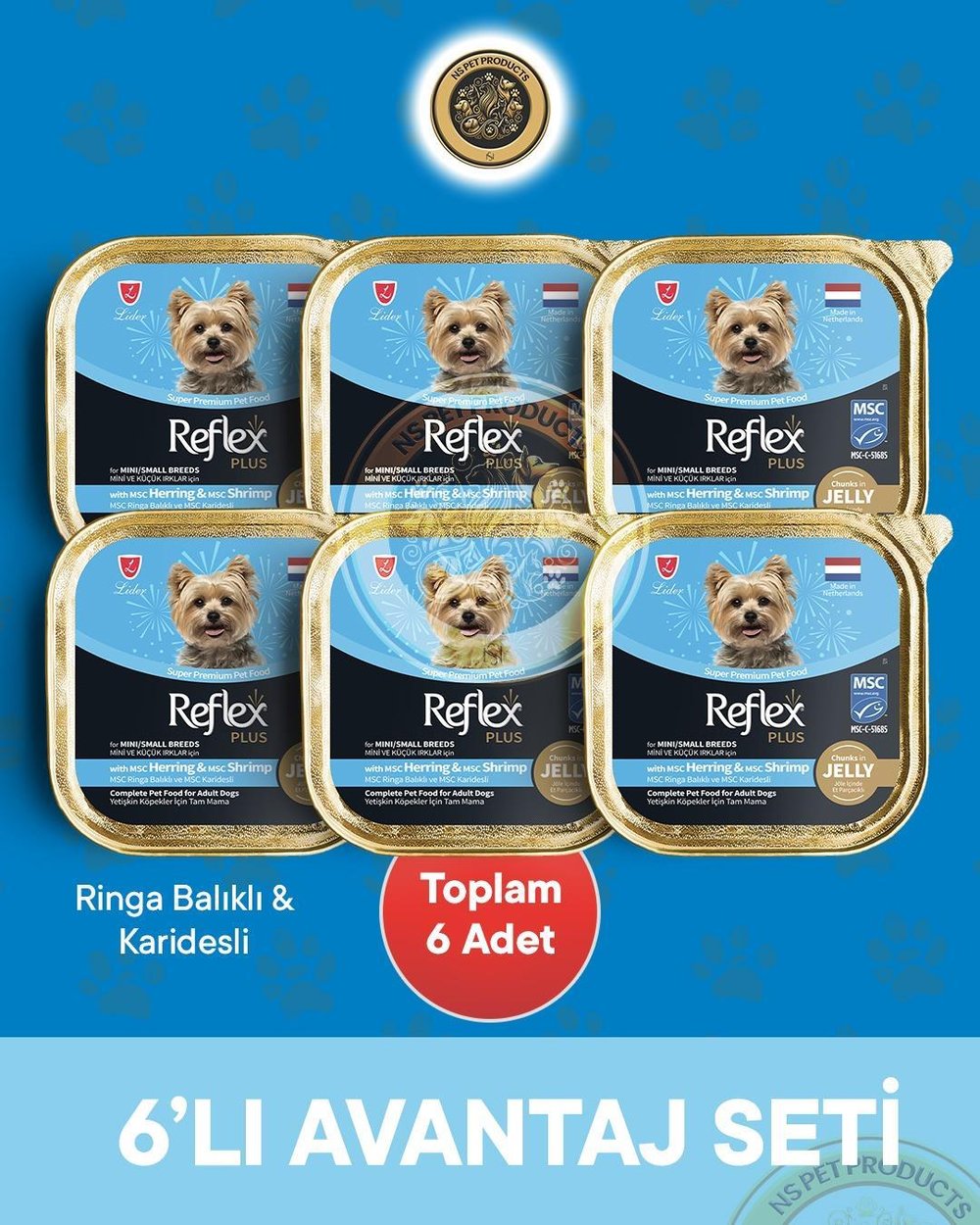 Reflex Plus Jelly Jöle İçinde Et Parçacıklı Msc Ringa Balıklı ve Msc Karidesli Mini ve Küçük Irklar İçin Yetişkin Köpek Konserve Maması Seti 6x85 gr