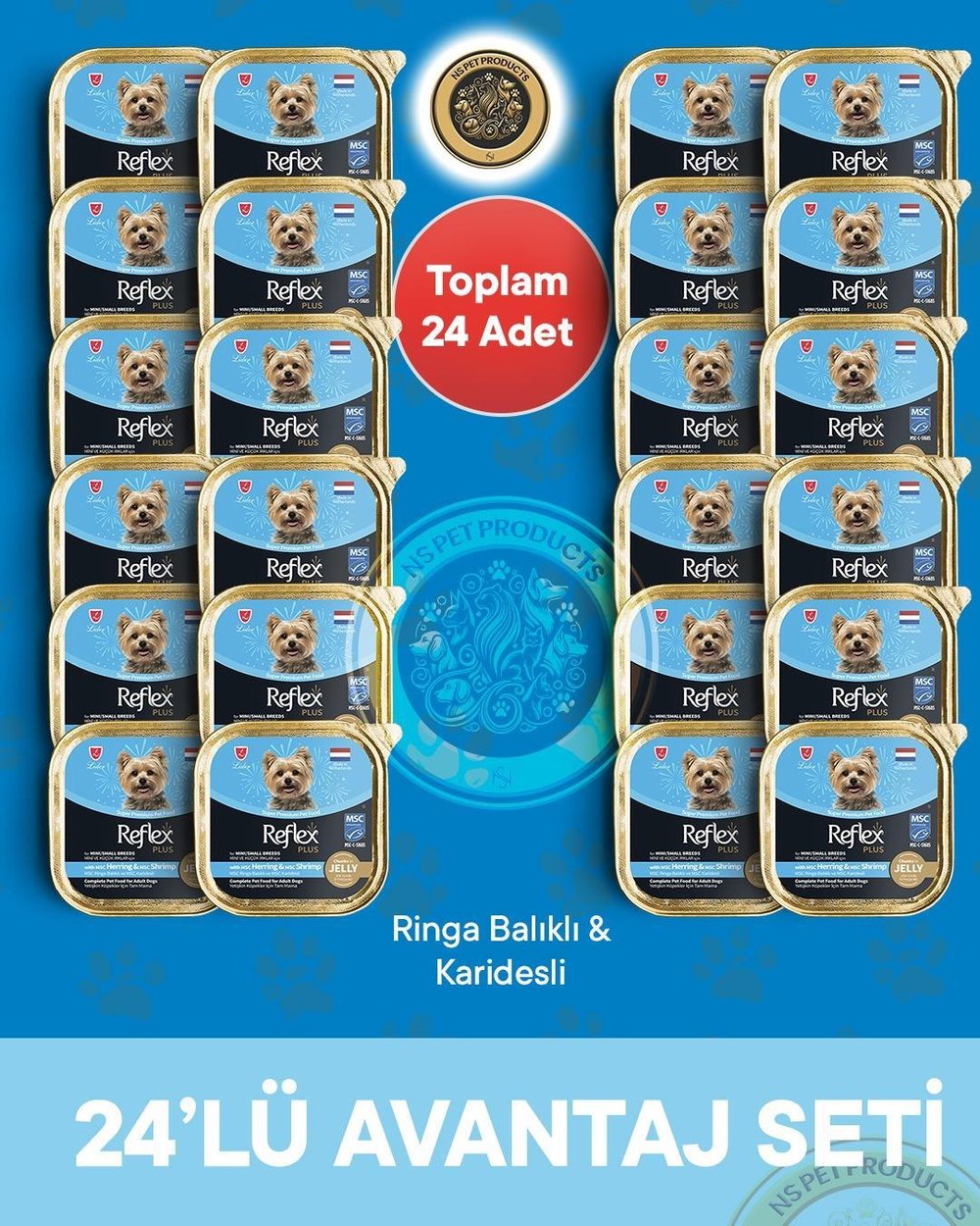 Reflex Plus Jelly Jöle İçinde Et Parçacıklı Msc Ringa Balıklı ve Msc Karidesli Mini ve Küçük Irklar İçin Yetişkin Köpek Konserve Maması Seti 24x85 gr