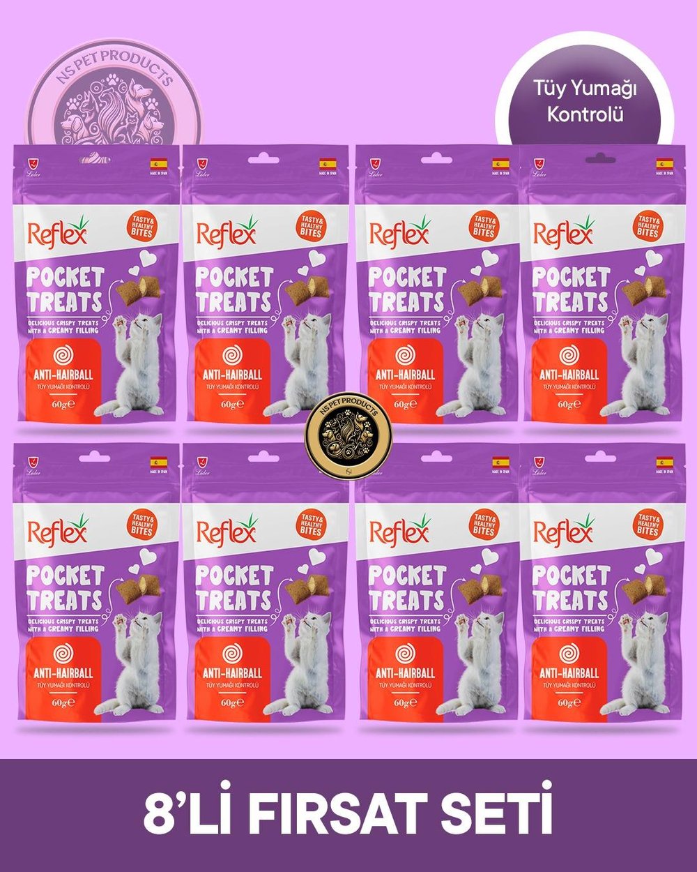Reflex Plus Pocket Treats Tüy Yumağı Kontrolü Kedi Maması 8'li Süper Fırsat Set 8x60 gr