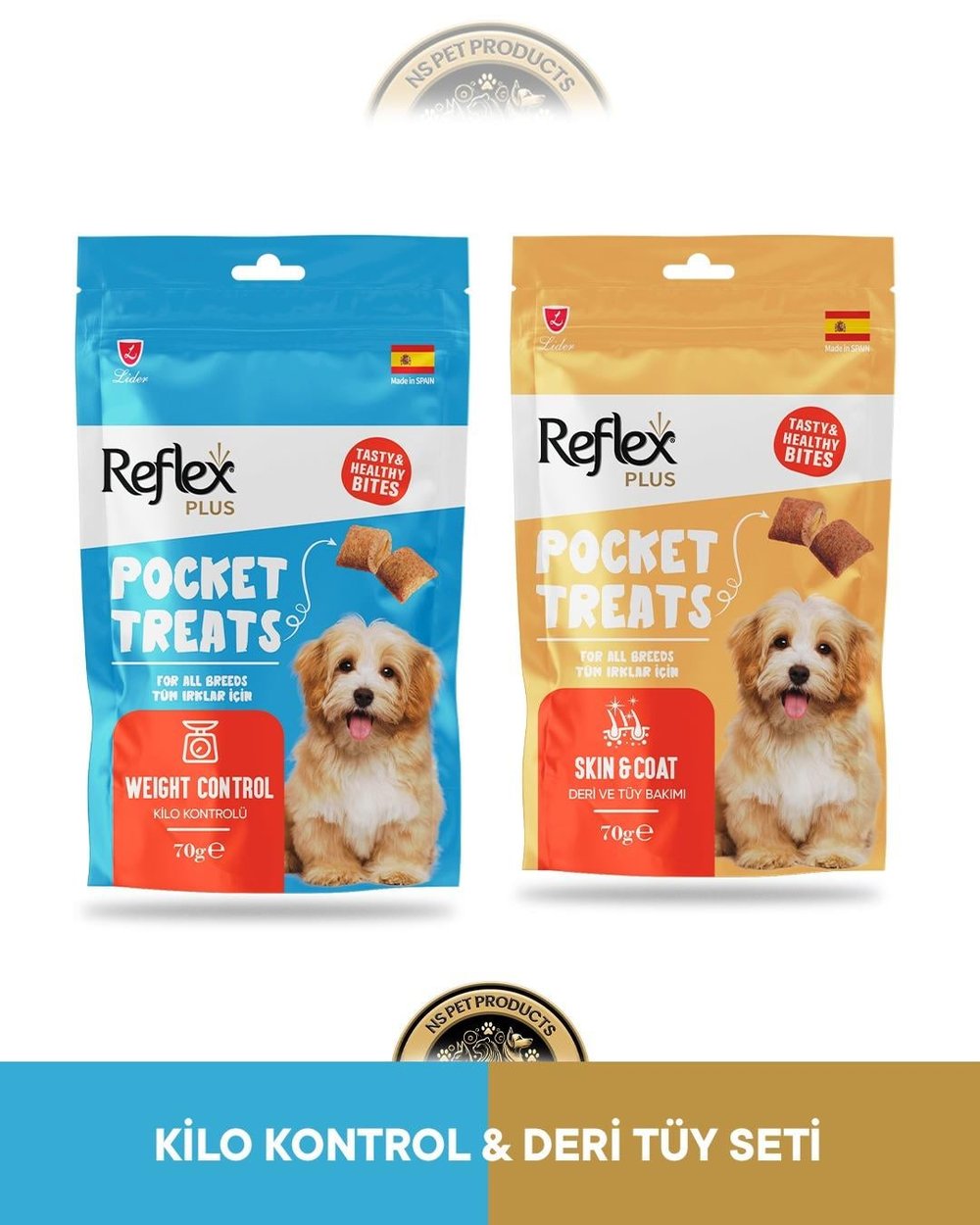 Reflex Plus Pocket Treats Weight Control Kilo Kontrolü & Skin Coat Deri ve Tüy Bakımı Köpek Ödül Maması Seti 2x70 gram