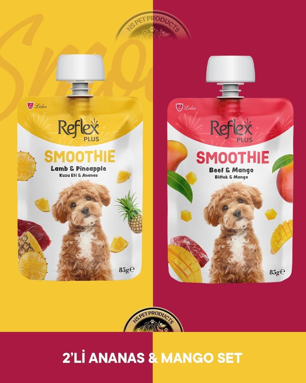 Reflex Plus Smoothie Kuzu Eti - Ananas & Biftek - Mango Köpek Ödül Maması Seti 2x85 gr