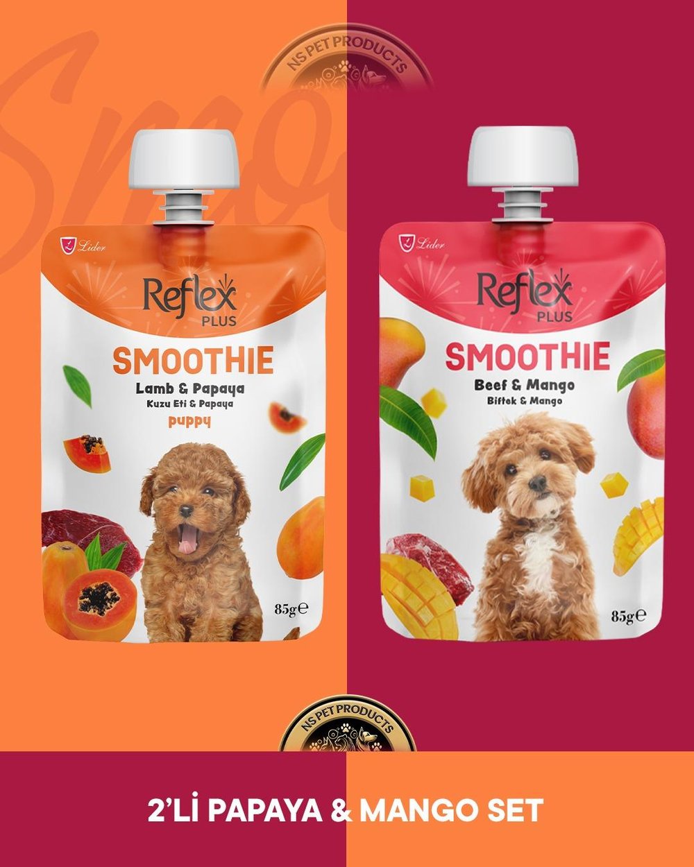 Reflex Plus Smoothie Kuzu Eti - Ananas & Biftek - Mango & Köpek Ödül Maması Seti 2x85 gr