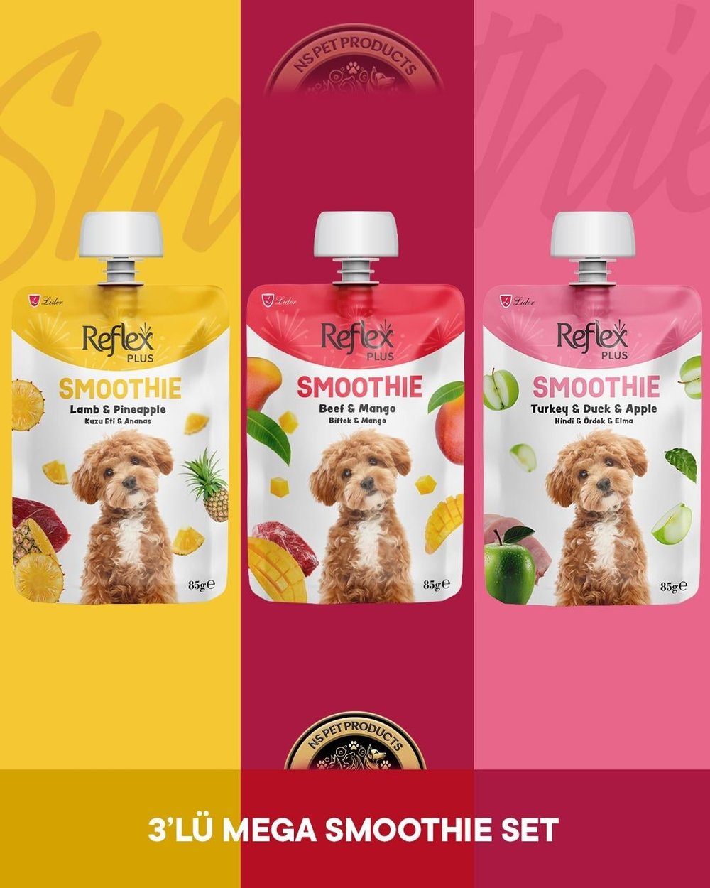 Reflex Plus Smoothie Kuzu Eti - Ananas & Biftek - Mango & Hindi - Ördek - Elma Köpek Ödül Maması Seti 3x85 gr