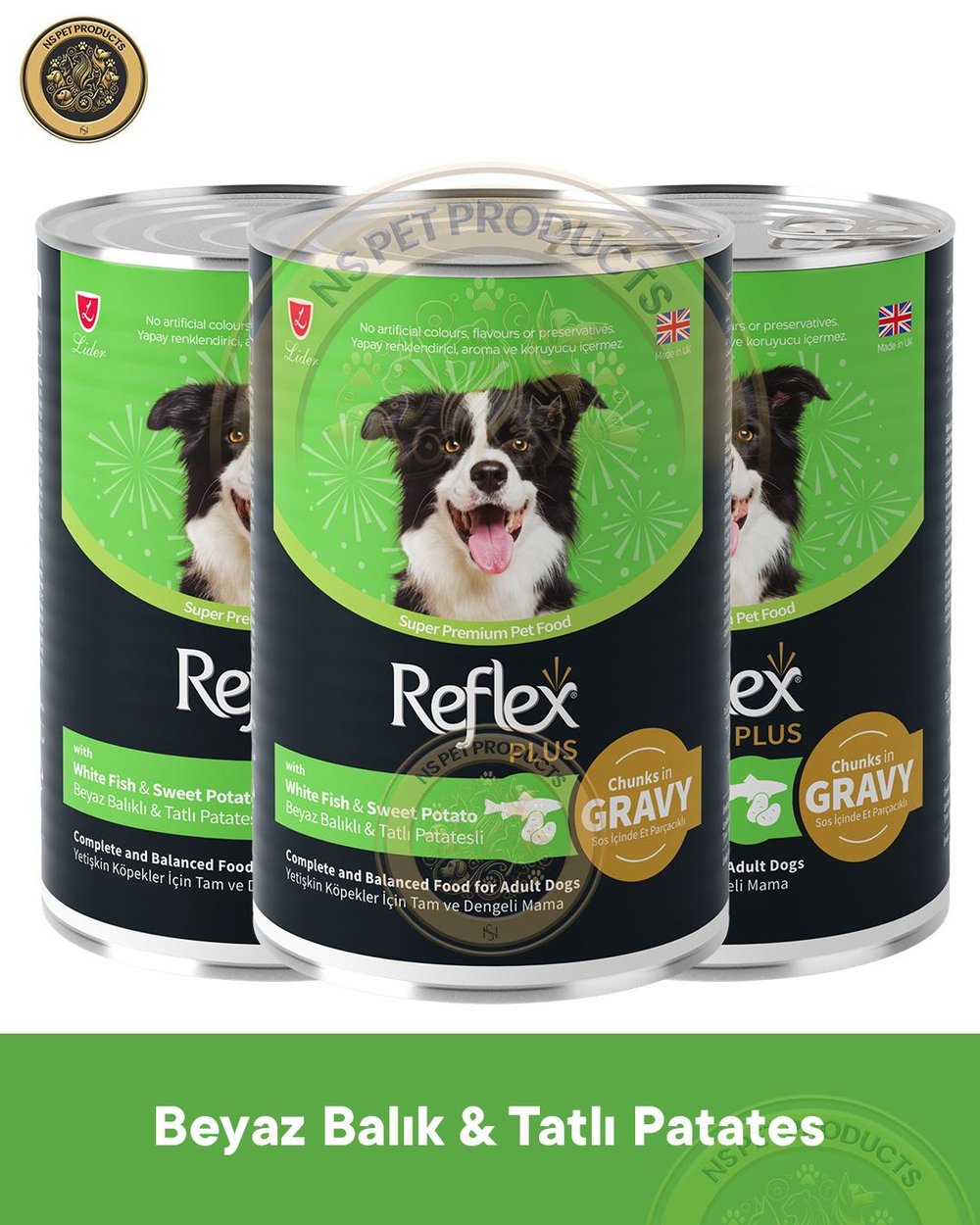 Reflex Plus Sos İçinde Et Parçacıklı Beyaz Balıklı ve Tatlı Patatesli Yetişkin Köpek Maması 3X400gr