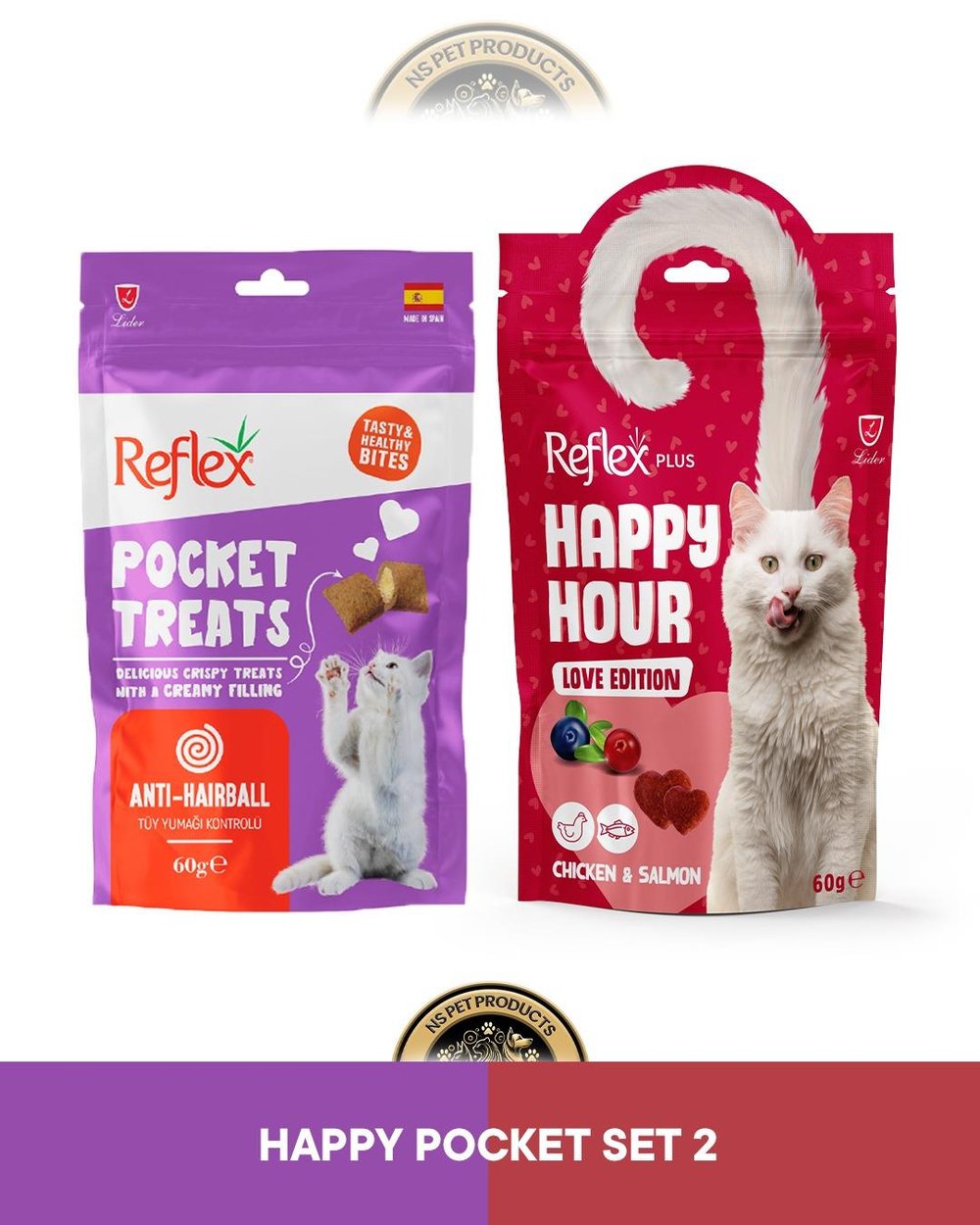 Reflex Pocket Treats Anti Hairball Tüy Yumağı Kontrolü &  Reflex Plus Happy Hour Love Edition Kedi Ödül Maması Seti 2x60 gram