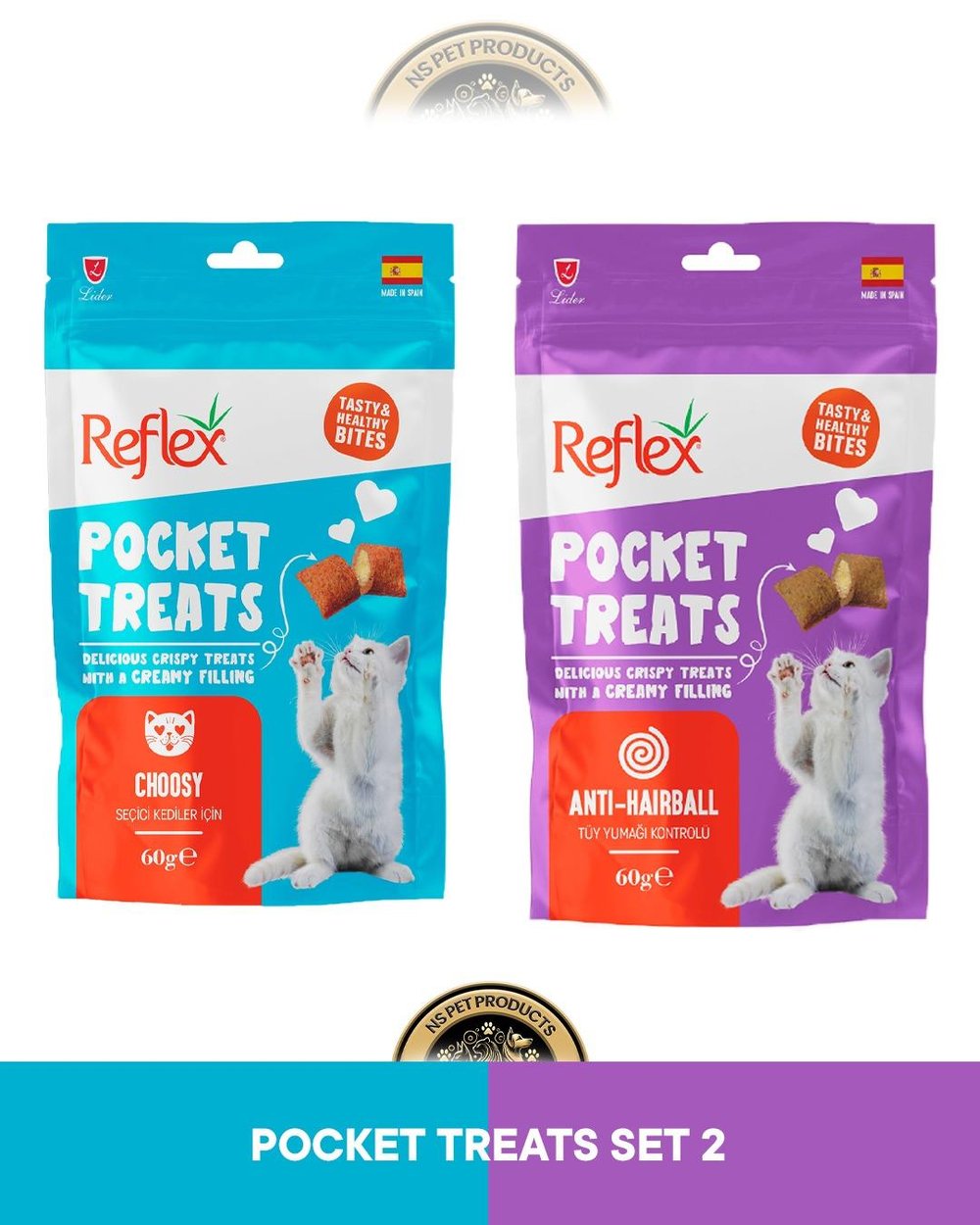 Reflex Pocket Treats Choosy Seçici & Anti Hairball Tüy Yumağı Kontrolü Kedi Ödül Maması Seti 2x60 gram
