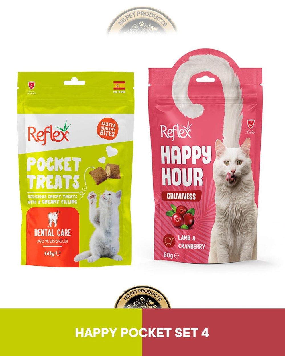 Reflex Pocket Treats Dental Care Ağız ve Diş Sağlığı & Reflex Happy Hour Calmness Sakinleşmeyi Destekleyici Kedi Ödül Maması Seti 2x60 gram