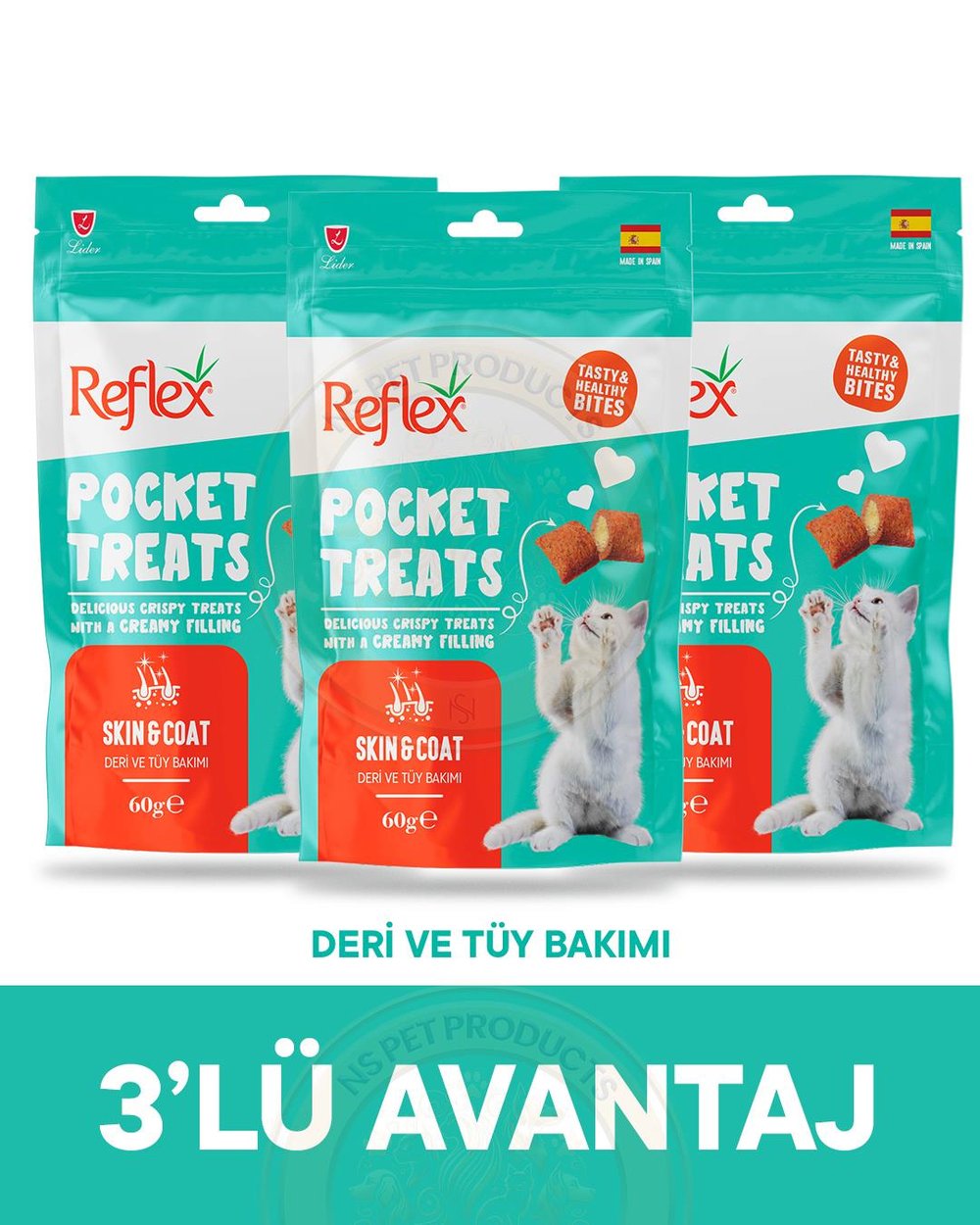 Reflex Pocket Treats Deri ve Tüy Bakımı için Kedi Ödül Maması 3lü Fırsat 3x60gr