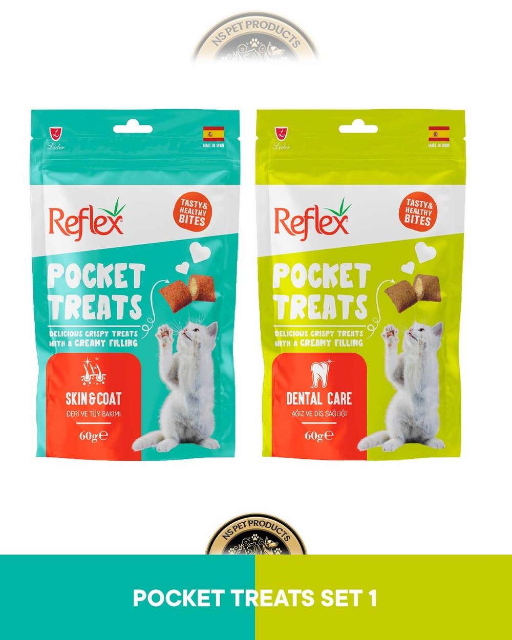 Reflex Pocket Treats Skin Coat Deri Tüy Bakımı & Dental Care Ağız ve Diş Sağlığı İçin Kedi Ödül Maması Seti 2x60 gram