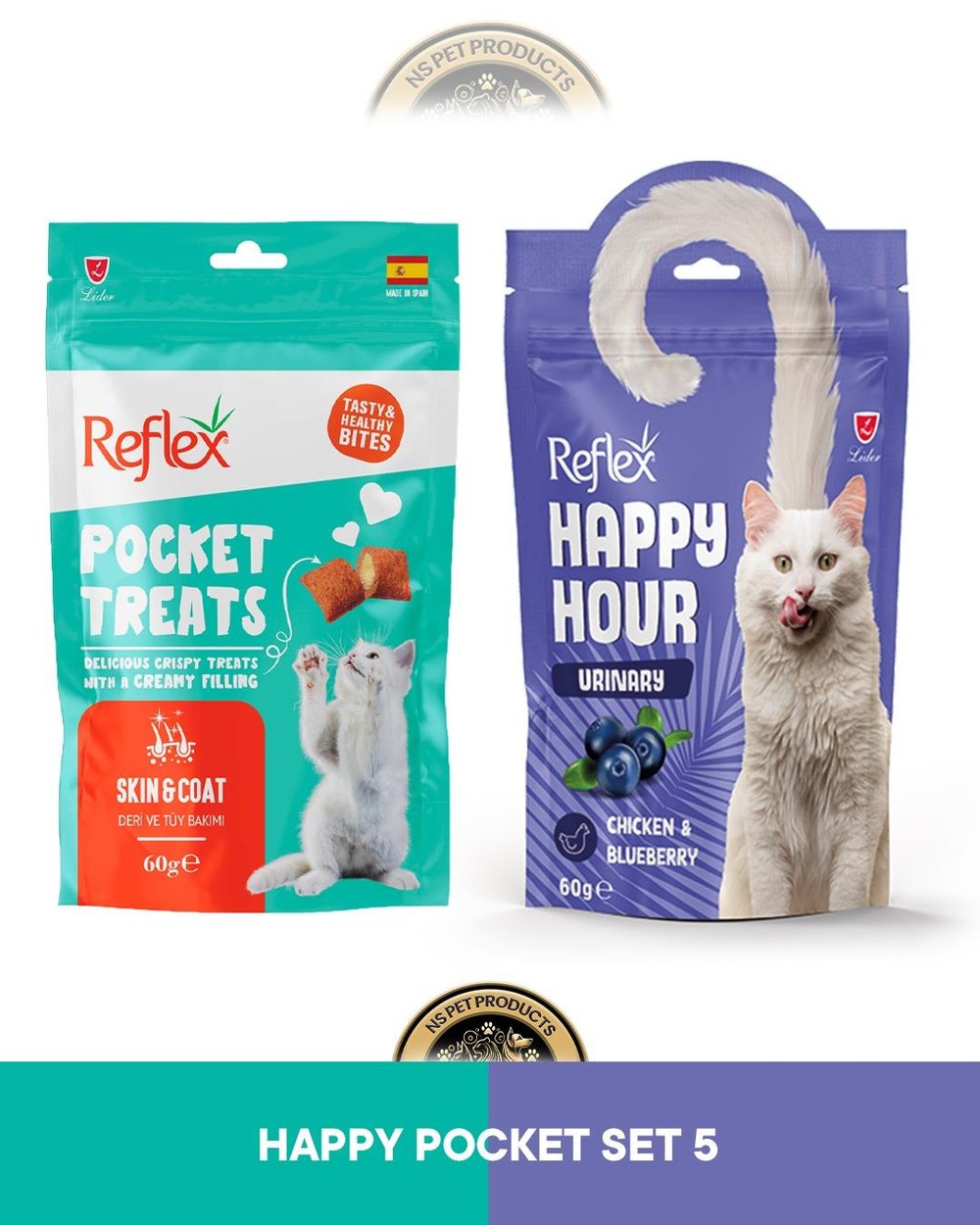 Reflex Pocket Treats Skin Coat Deri Tüy Bakımı & Reflex Happy Hour Urinary Üriner Sistem Destekleyici Kedi Ödül Maması Seti 2x60 gram