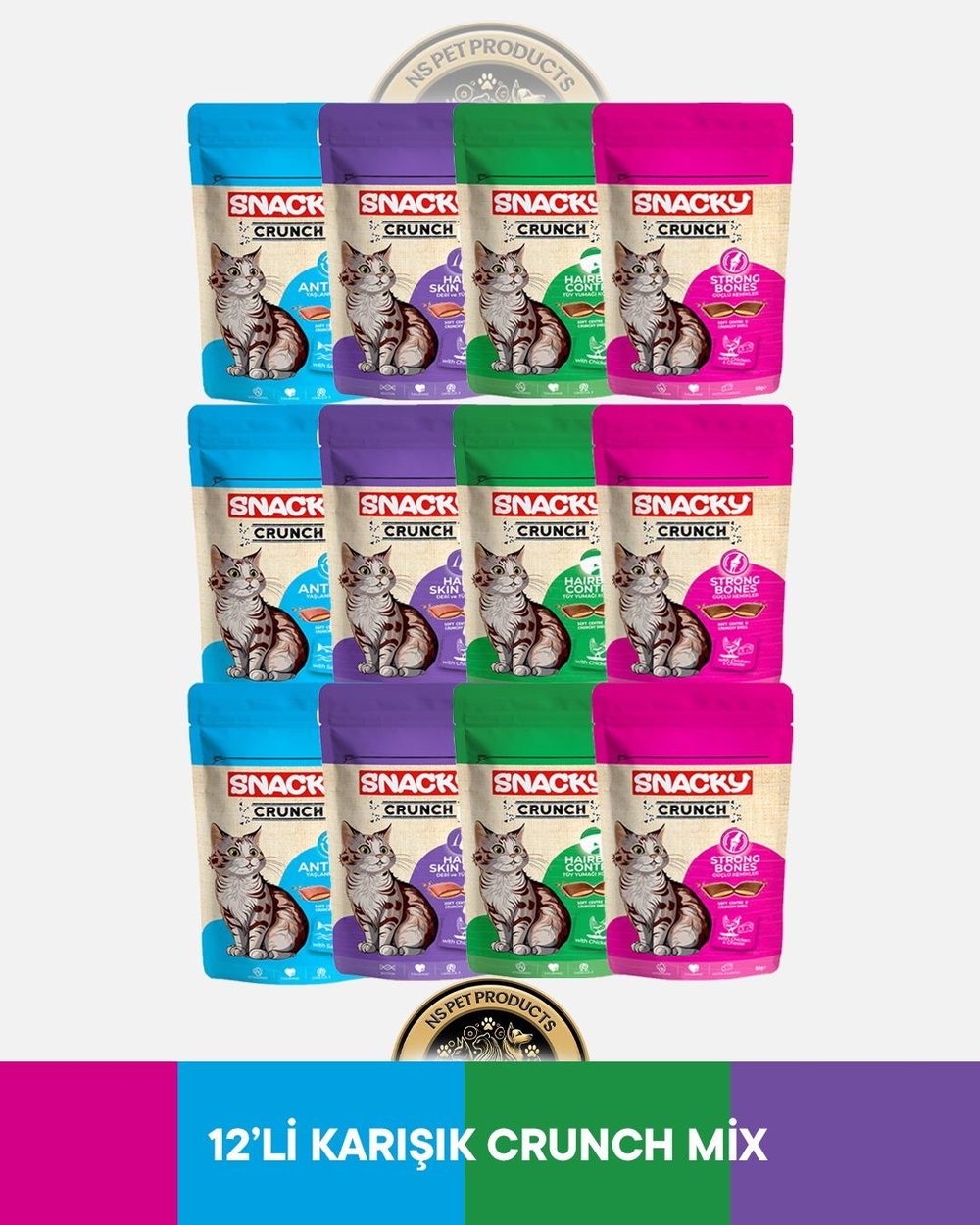 Snacky Crunch Yaşlanma Karşıtı,Deri ve Tüy Bakımı,Güçlü Kemikler,Tüy Yumağı Kontrolü Kedi Ödül Maması Seti 12x60 gram