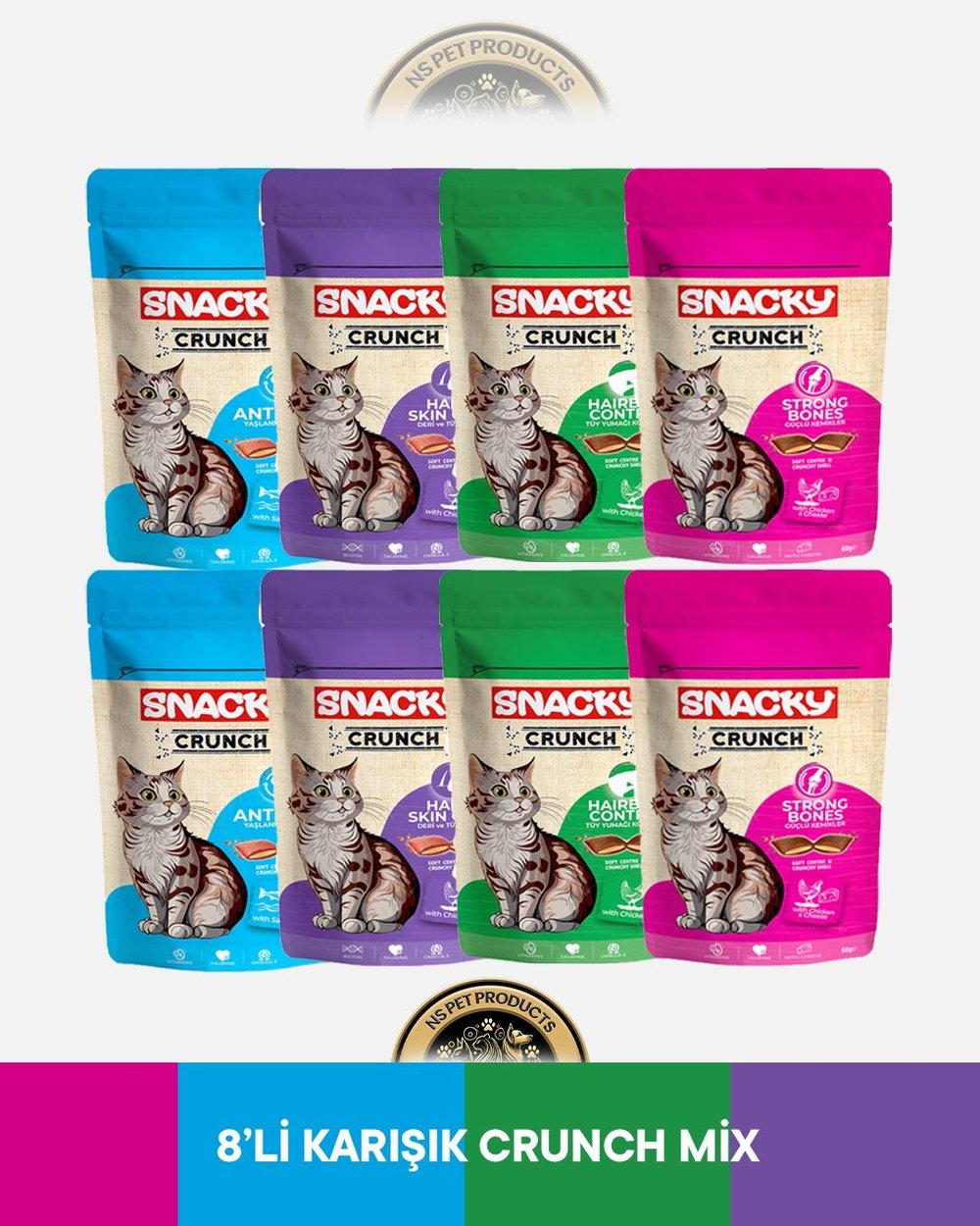 Snacky Crunch Yaşlanma Karşıtı,Deri ve Tüy Bakımı,Güçlü Kemikler,Tüy Yumağı Kontrolü Kedi Ödül Maması Seti 8x60 gram