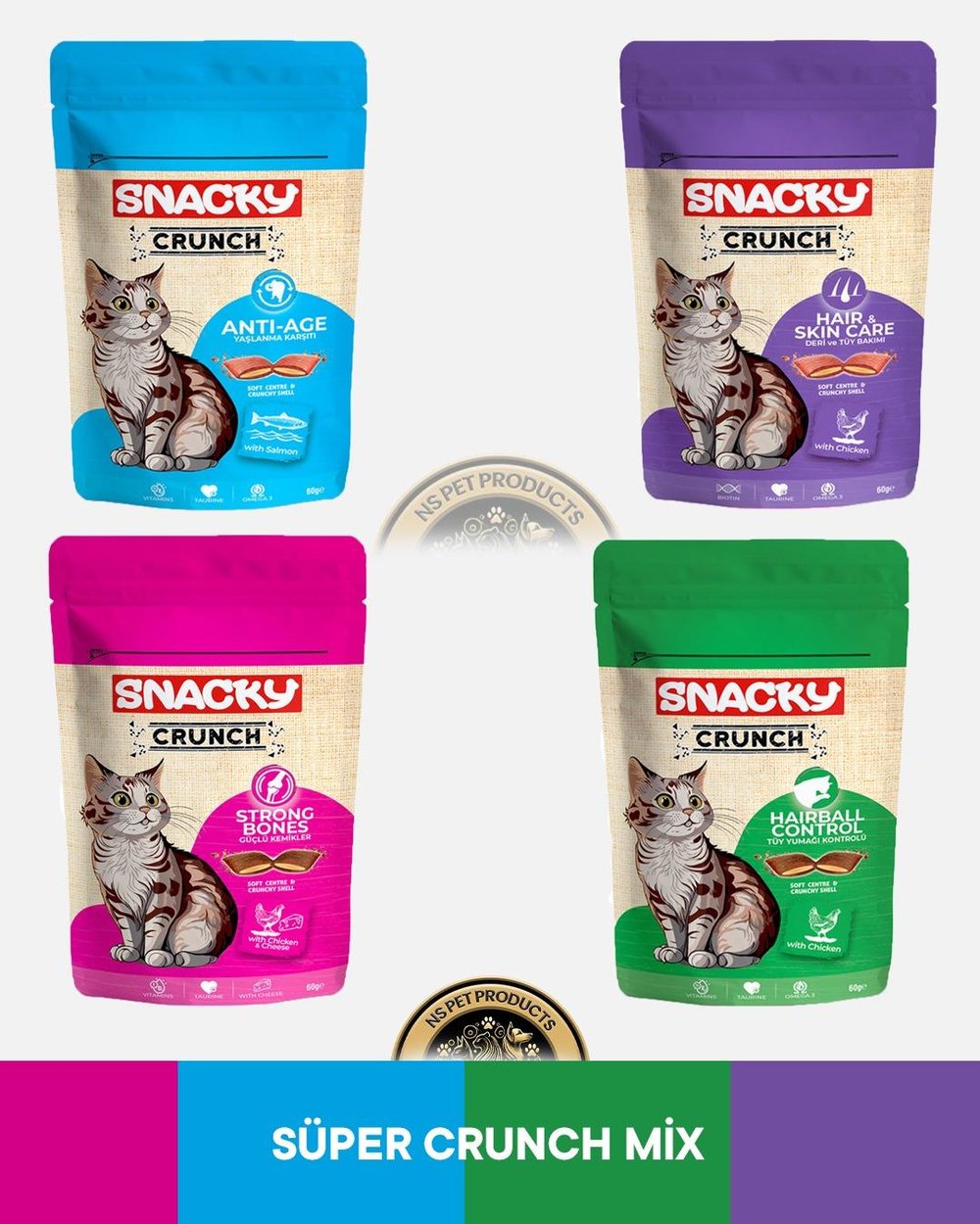 Snacky Crunch Yaşlanma Karşıtı,Deri ve Tüy Bakımı,Güçlü Kemikler,Tüy Yumağı Kontrolü Kedi Ödül Maması Seti 4x60 gram