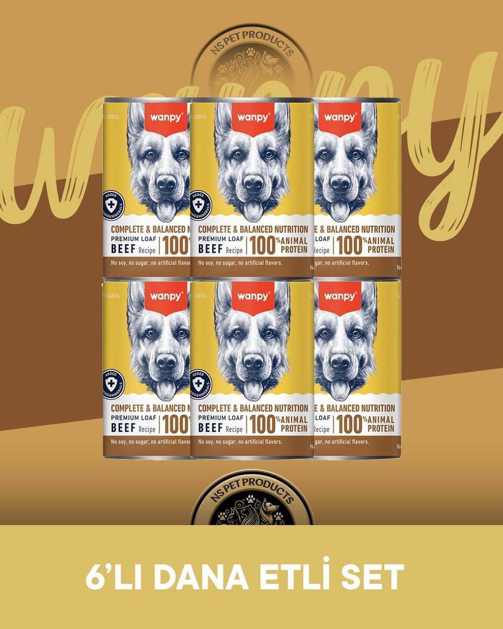 Wanpy Tahılsız %100 Gerçek Et Dana Etli Ezme Köpek Konserve Maması Seti 6x375 gr